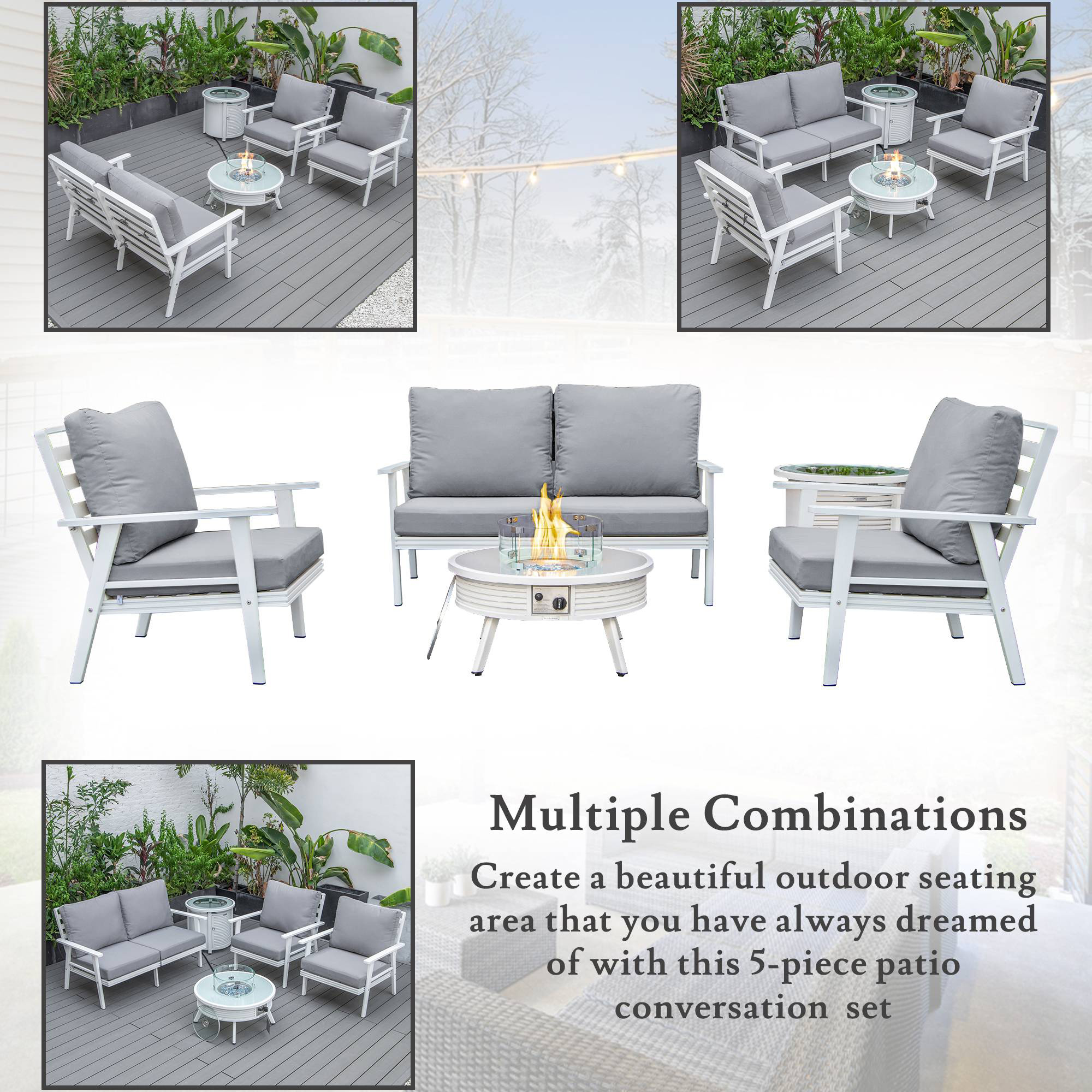 LeisureMod Walbrooke Modern White Patio Conversation With Round Fire Pit With Slats Design & Tank Holder - Gray