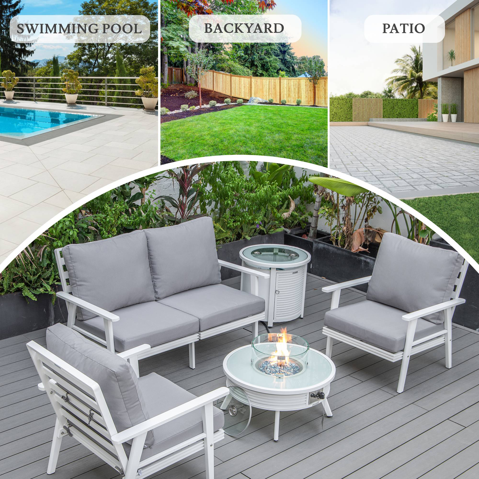 LeisureMod Walbrooke Modern White Patio Conversation With Round Fire Pit With Slats Design & Tank Holder - Gray