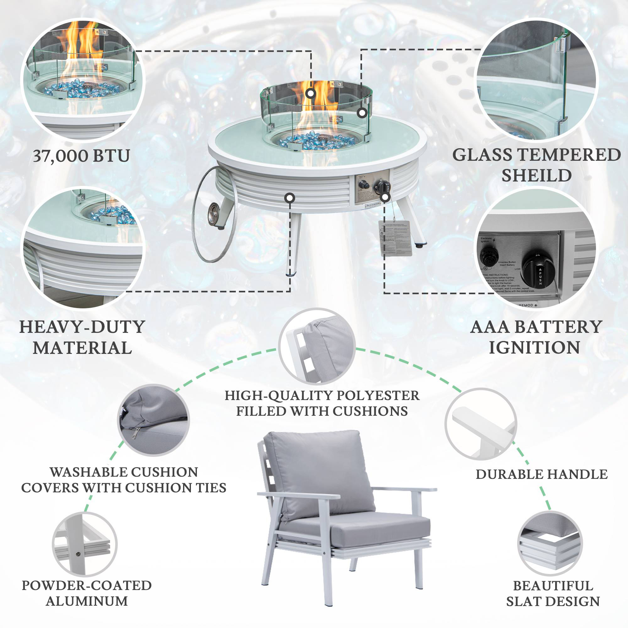 LeisureMod Walbrooke Modern White Patio Conversation With Round Fire Pit With Slats Design & Tank Holder - Light Gray