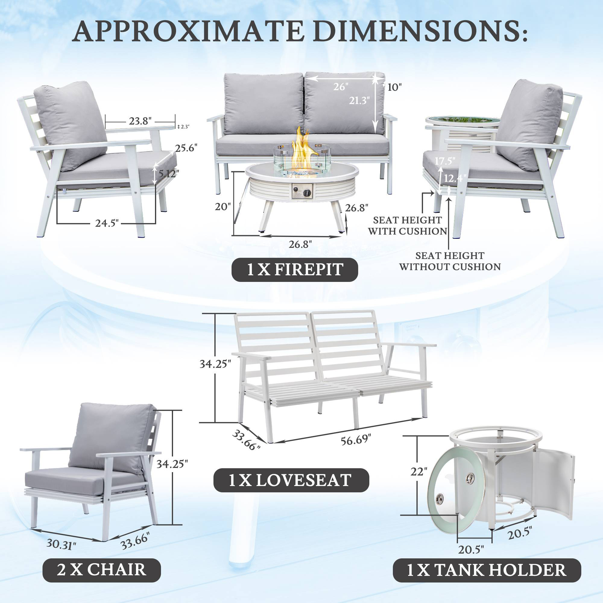 LeisureMod Walbrooke Modern White Patio Conversation With Round Fire Pit With Slats Design & Tank Holder - Light Gray