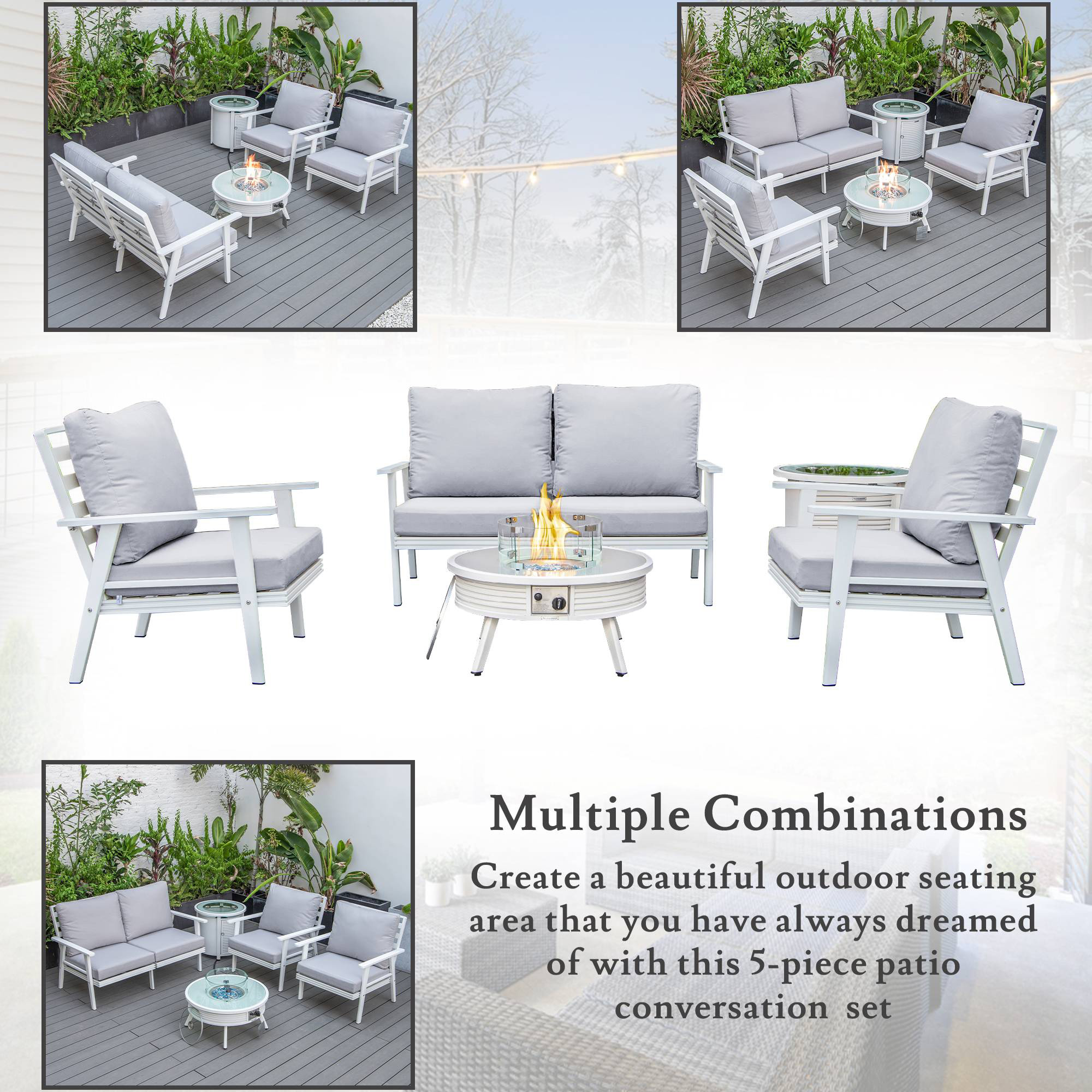 LeisureMod Walbrooke Modern White Patio Conversation With Round Fire Pit With Slats Design & Tank Holder - Light Gray