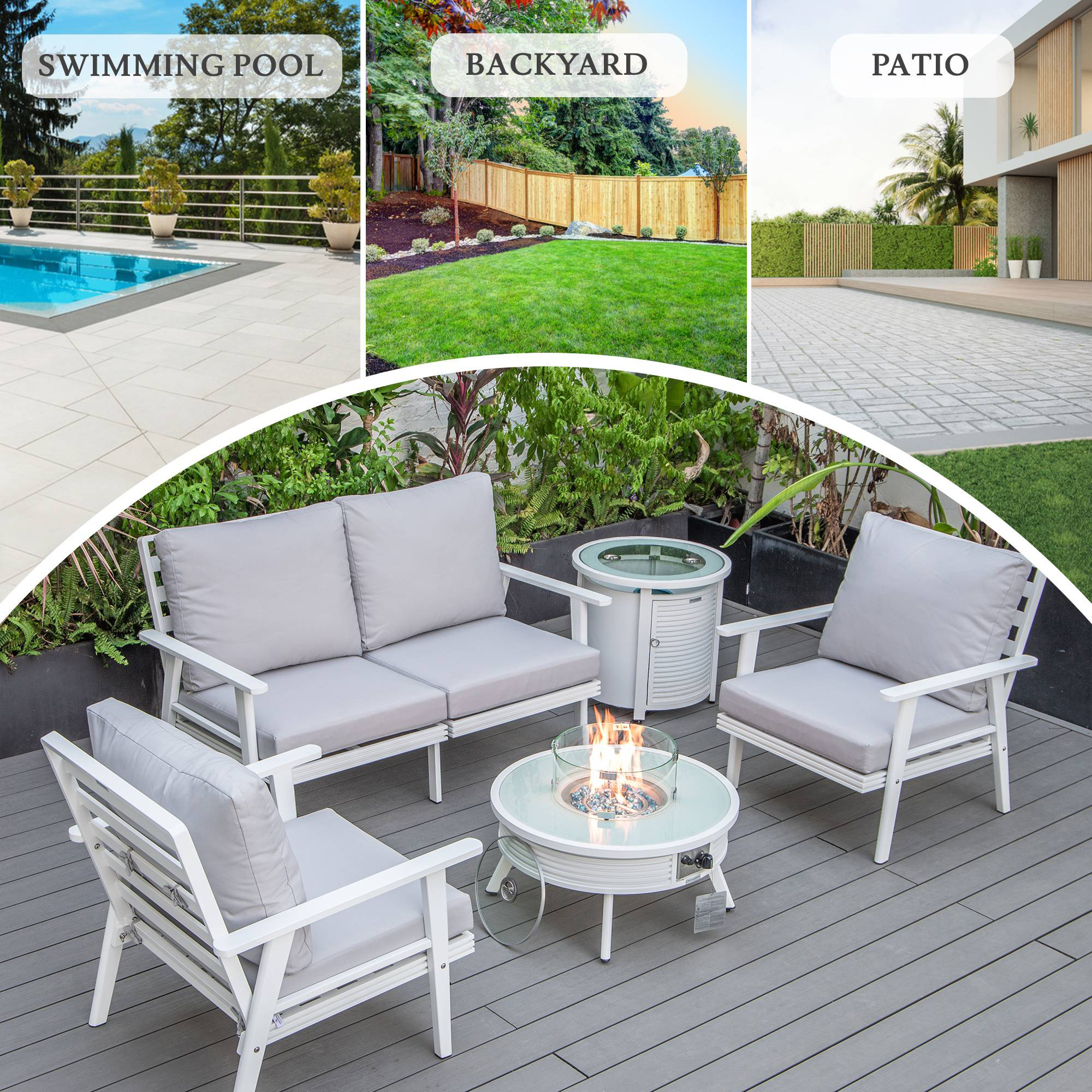 LeisureMod Walbrooke Modern White Patio Conversation With Round Fire Pit With Slats Design & Tank Holder - Light Gray