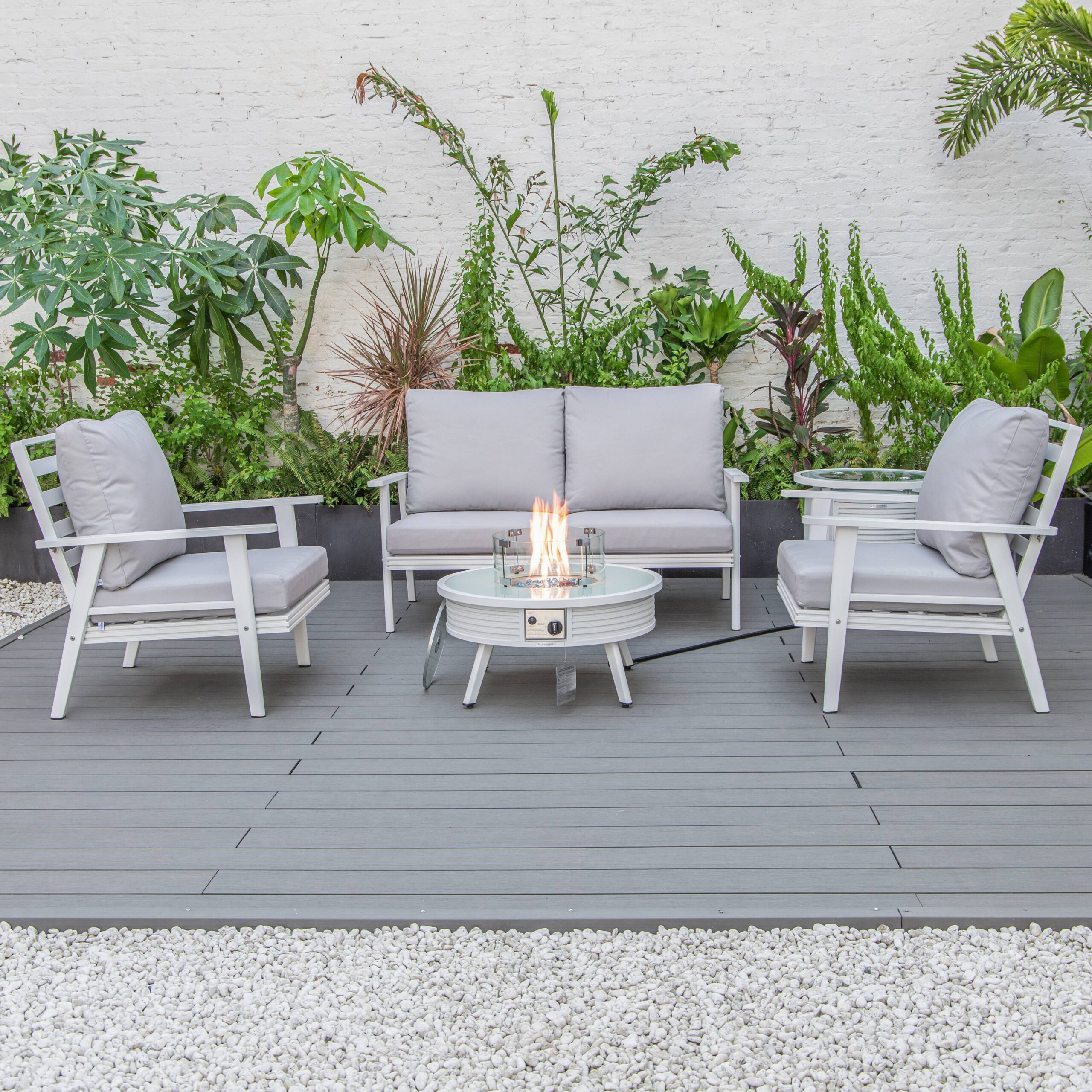 LeisureMod Walbrooke Modern White Patio Conversation With Round Fire Pit With Slats Design & Tank Holder - Light Gray