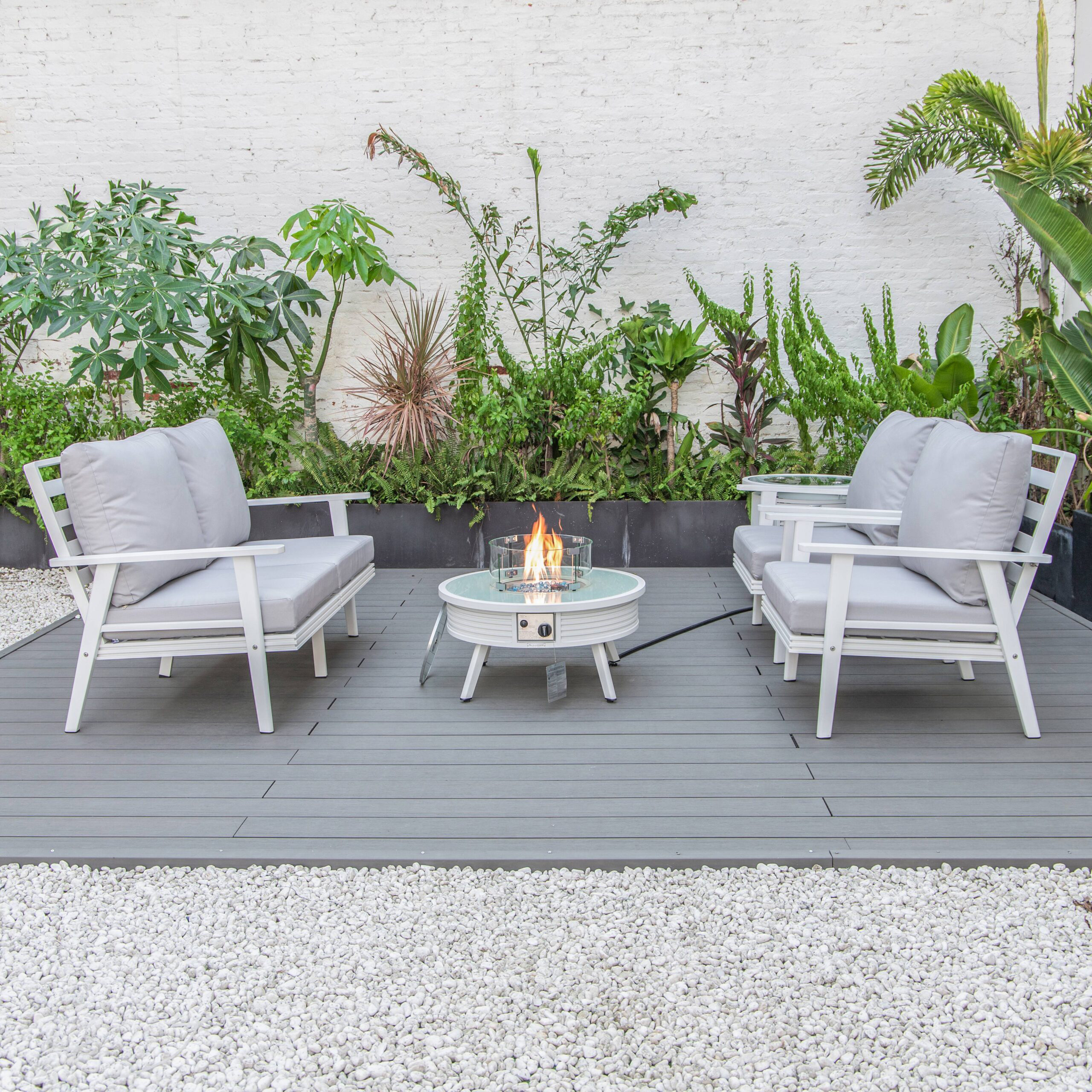 LeisureMod Walbrooke Modern White Patio Conversation With Round Fire Pit With Slats Design & Tank Holder - Light Gray