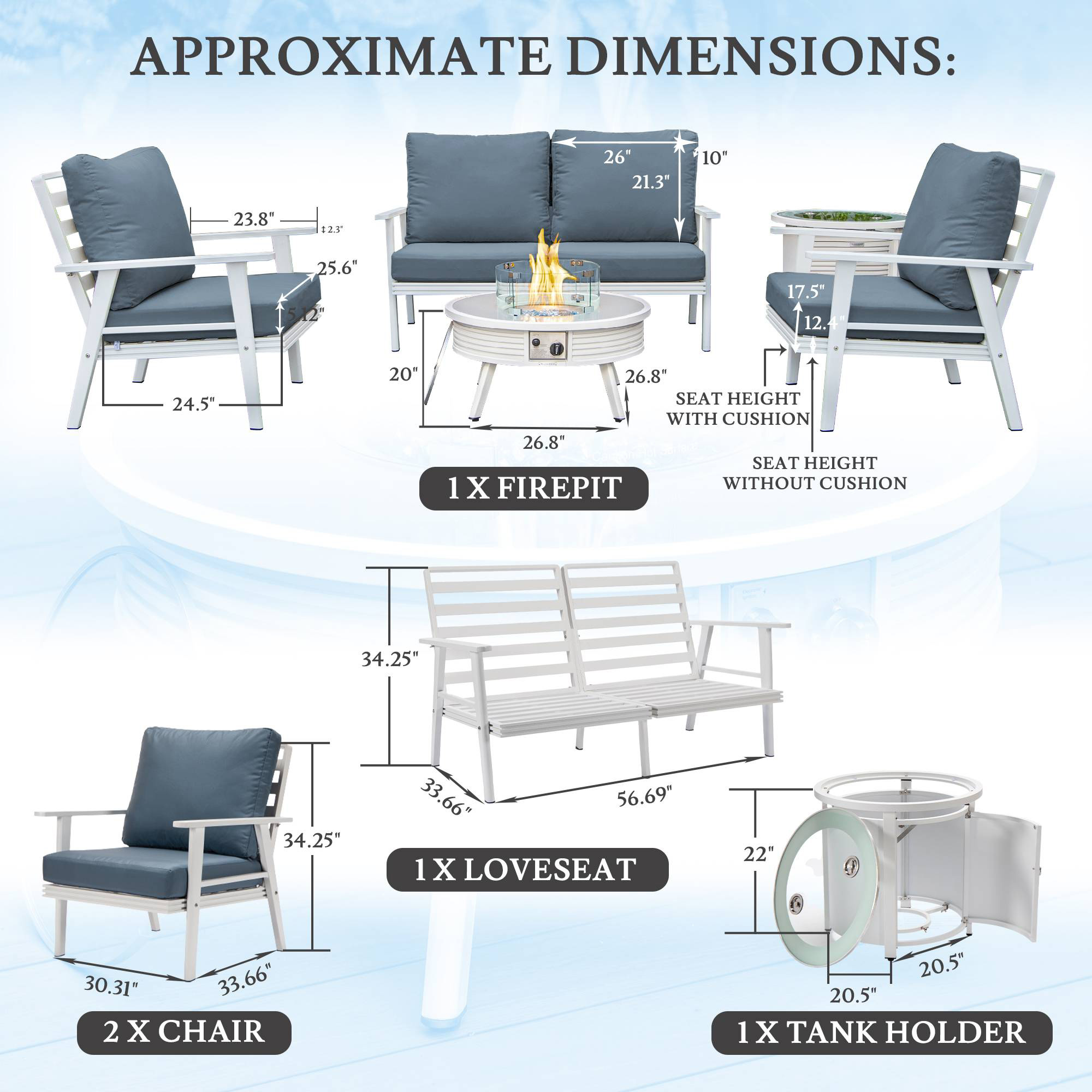LeisureMod Walbrooke Modern White Patio Conversation With Round Fire Pit With Slats Design & Tank Holder - Navy Blue