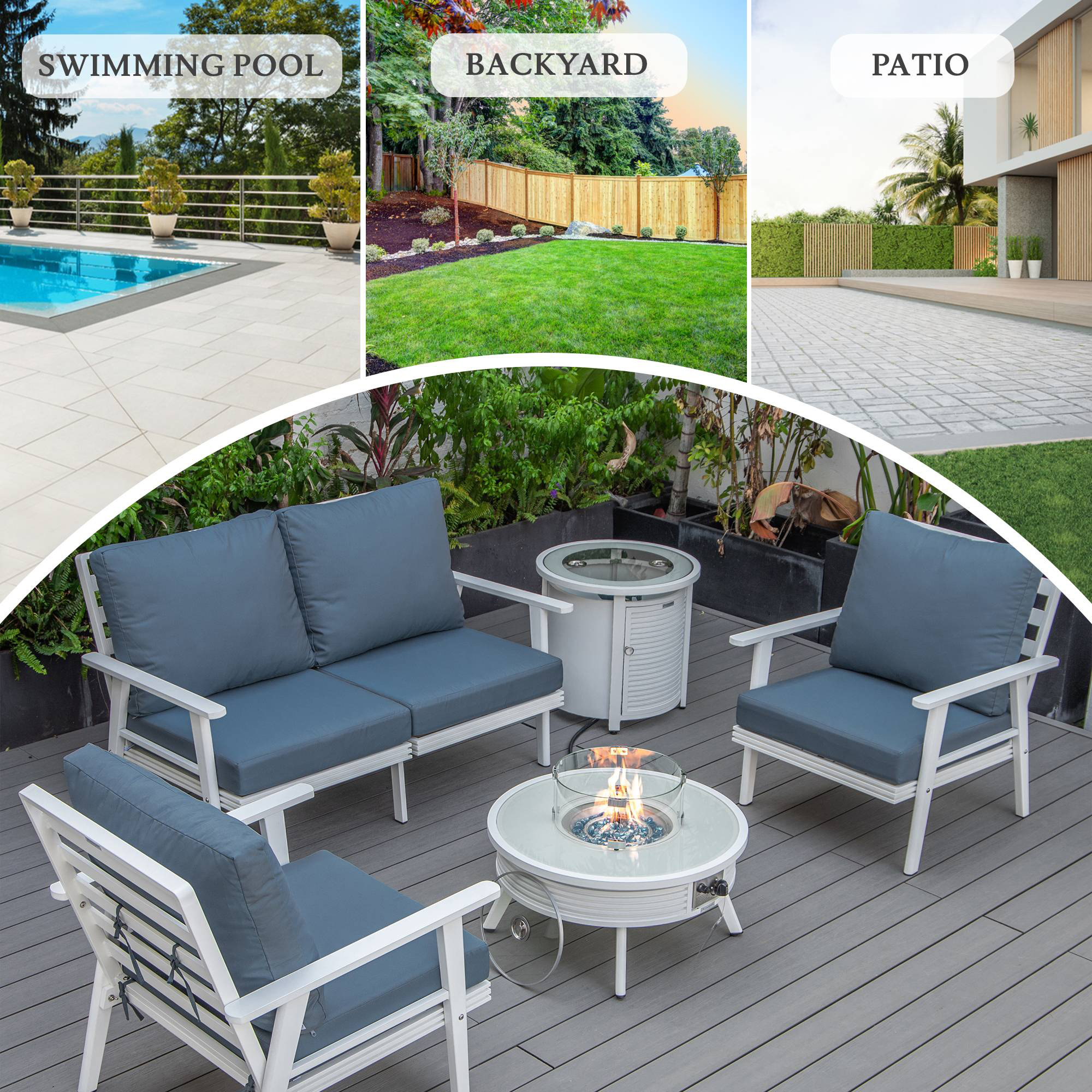 LeisureMod Walbrooke Modern White Patio Conversation With Round Fire Pit With Slats Design & Tank Holder - Navy Blue