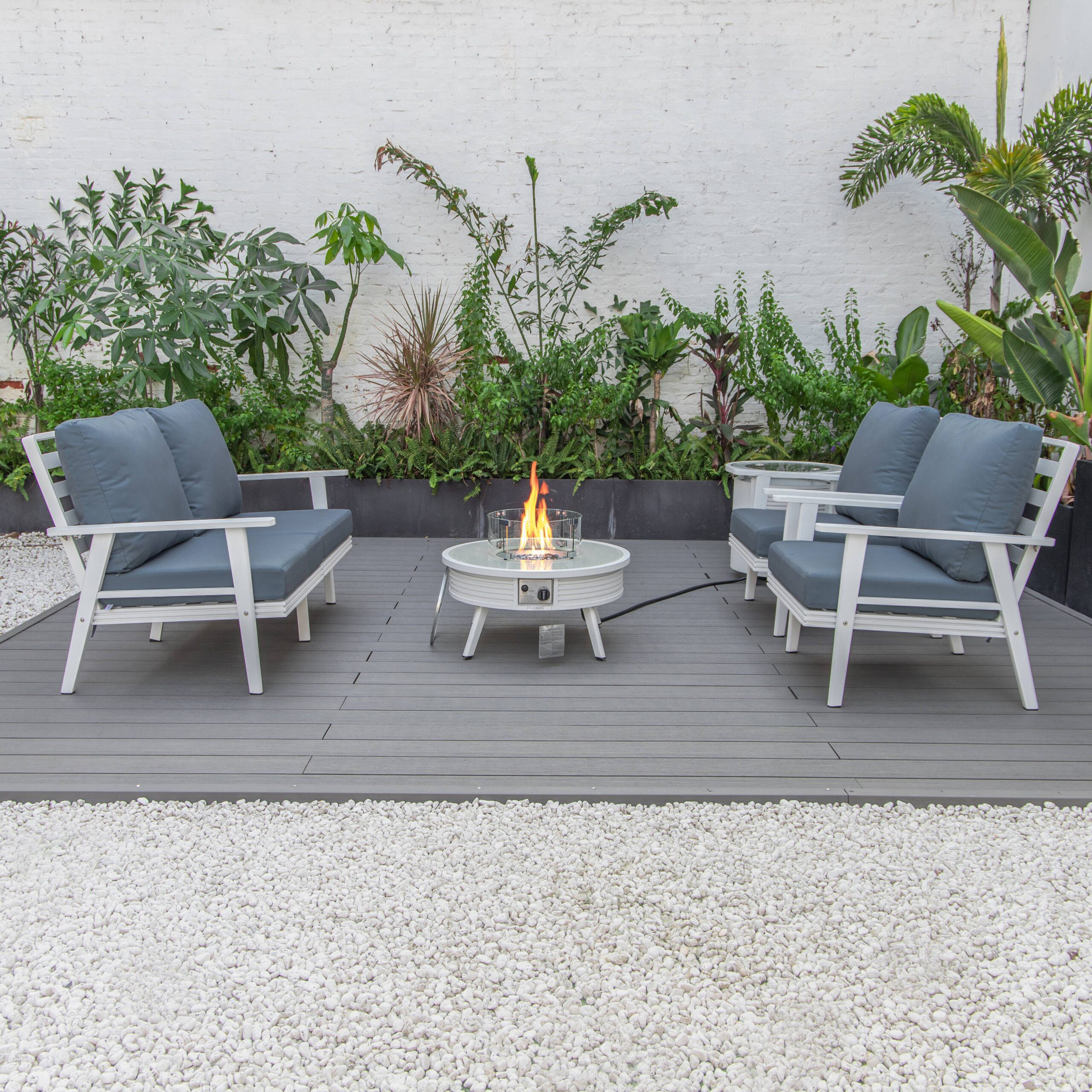 LeisureMod Walbrooke Modern White Patio Conversation With Round Fire Pit With Slats Design & Tank Holder - Navy Blue