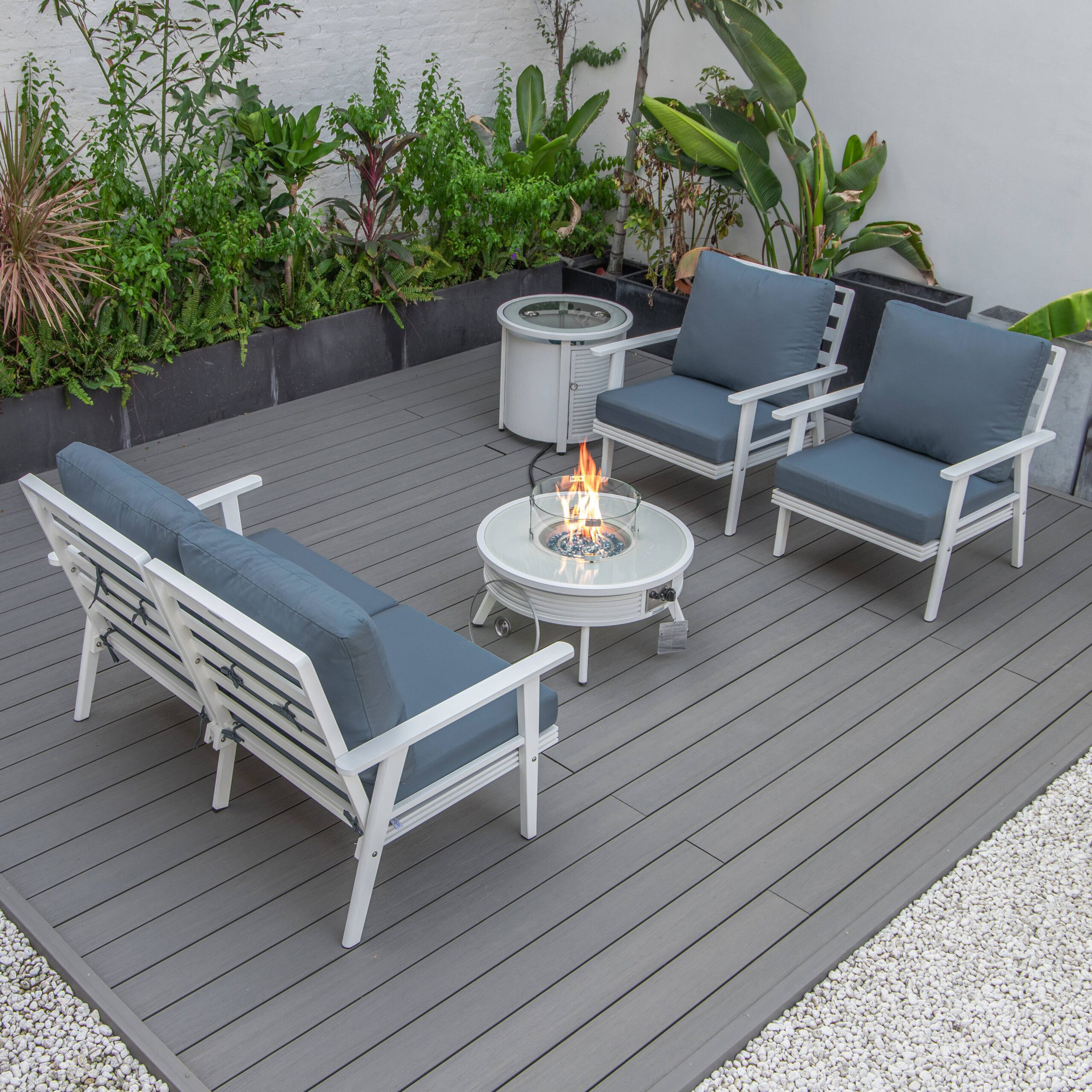 LeisureMod Walbrooke Modern White Patio Conversation With Round Fire Pit With Slats Design & Tank Holder - Navy Blue