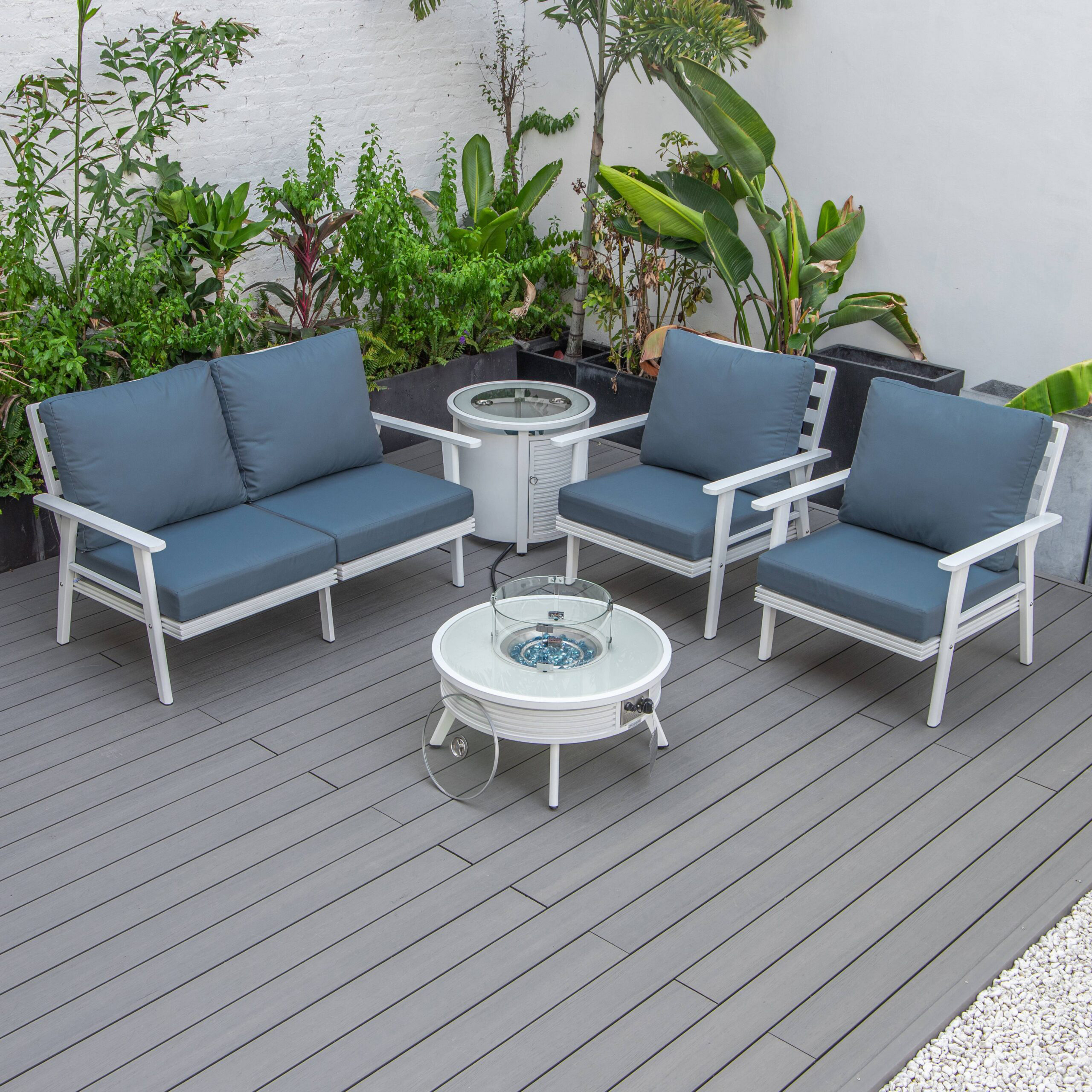 LeisureMod Walbrooke Modern White Patio Conversation With Round Fire Pit With Slats Design & Tank Holder - Navy Blue