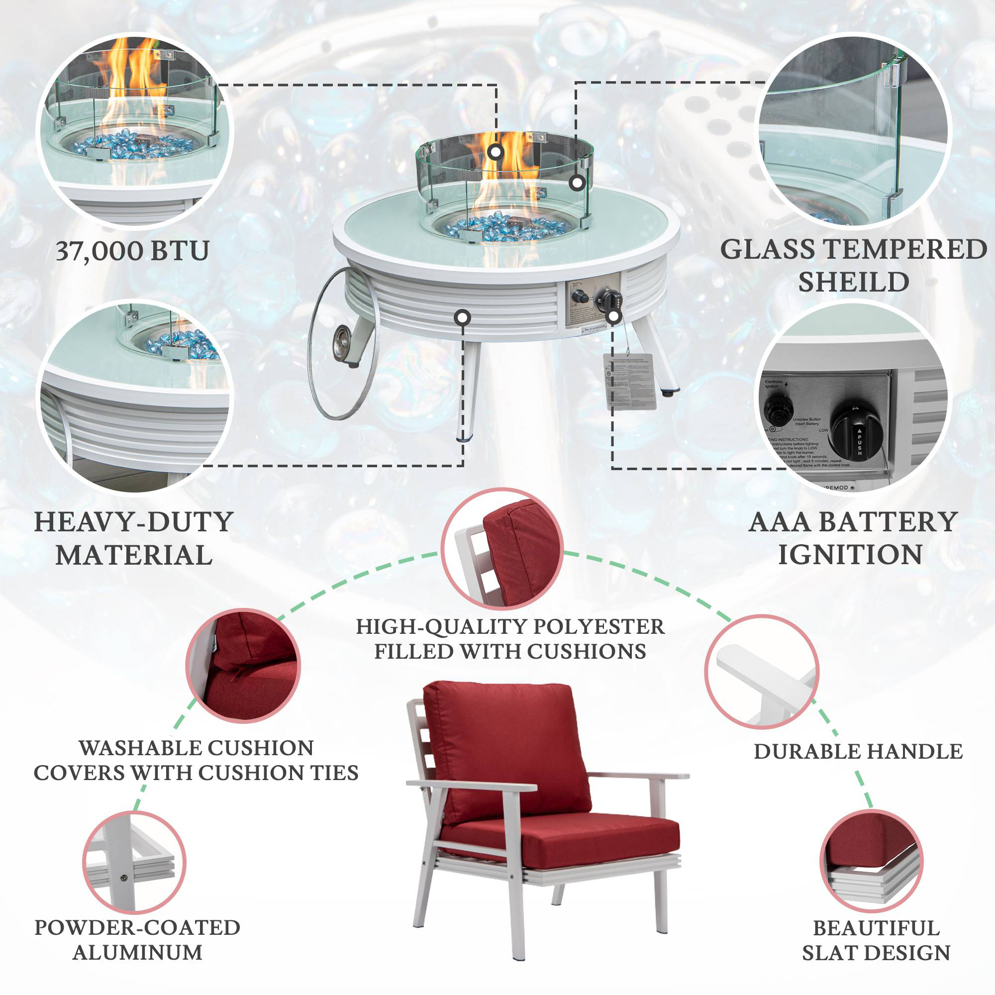 LeisureMod Walbrooke Modern White Patio Conversation With Round Fire Pit With Slats Design & Tank Holder - Red