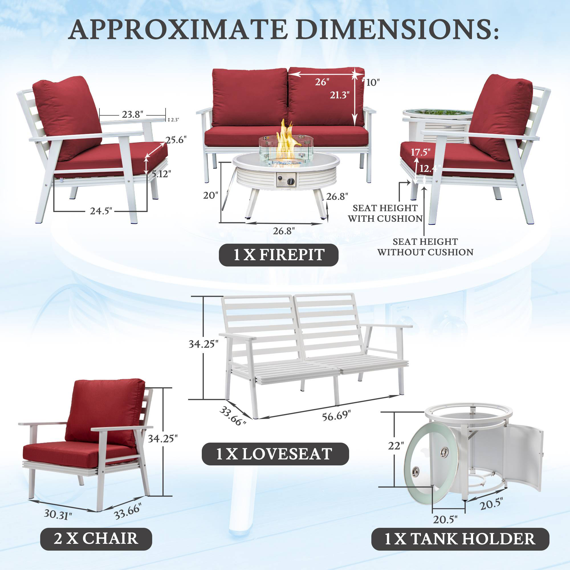 LeisureMod Walbrooke Modern White Patio Conversation With Round Fire Pit With Slats Design & Tank Holder - Red