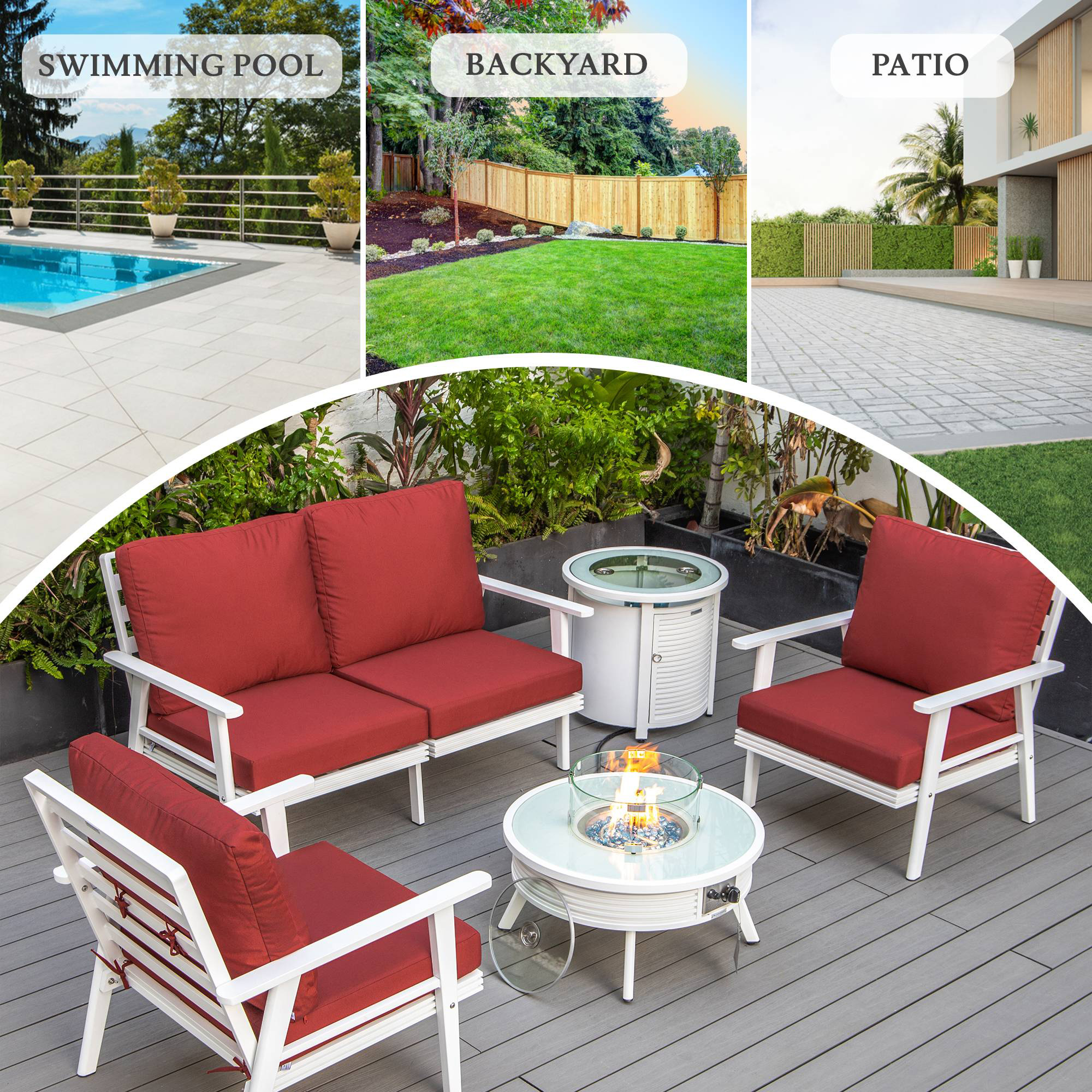 LeisureMod Walbrooke Modern White Patio Conversation With Round Fire Pit With Slats Design & Tank Holder - Red