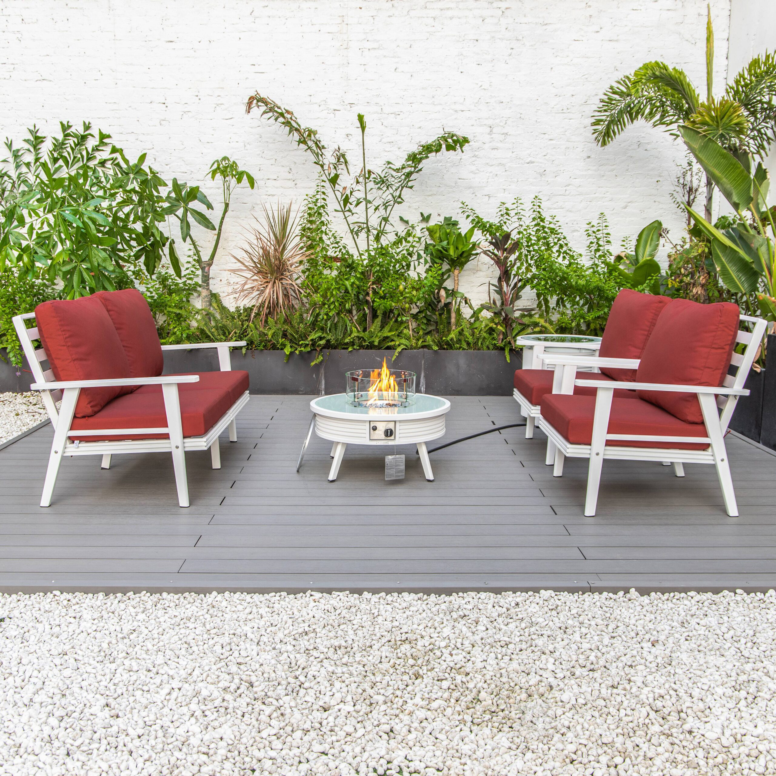 LeisureMod Walbrooke Modern White Patio Conversation With Round Fire Pit With Slats Design & Tank Holder - Red