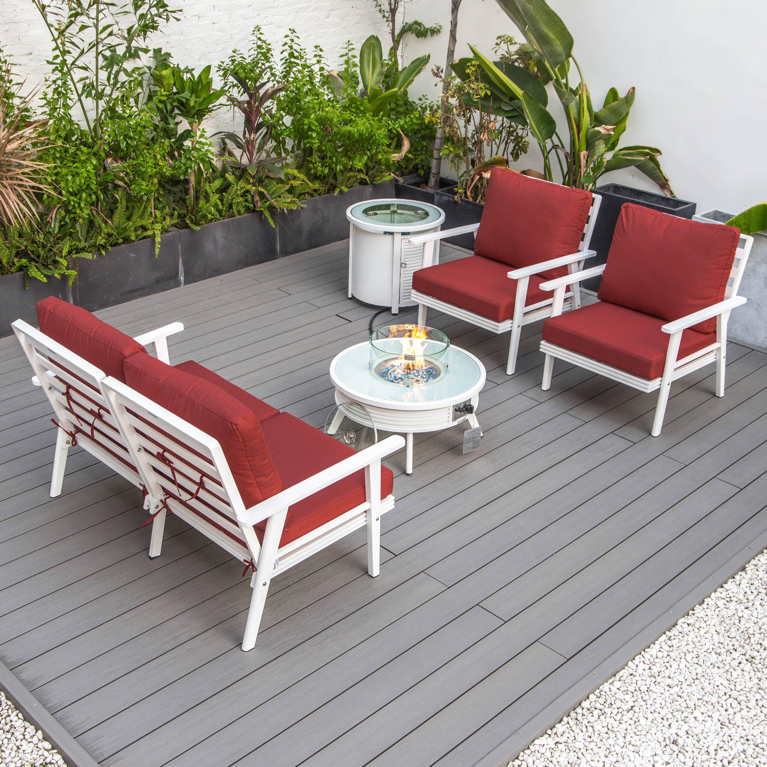 LeisureMod Walbrooke Modern White Patio Conversation With Round Fire Pit With Slats Design & Tank Holder - Red