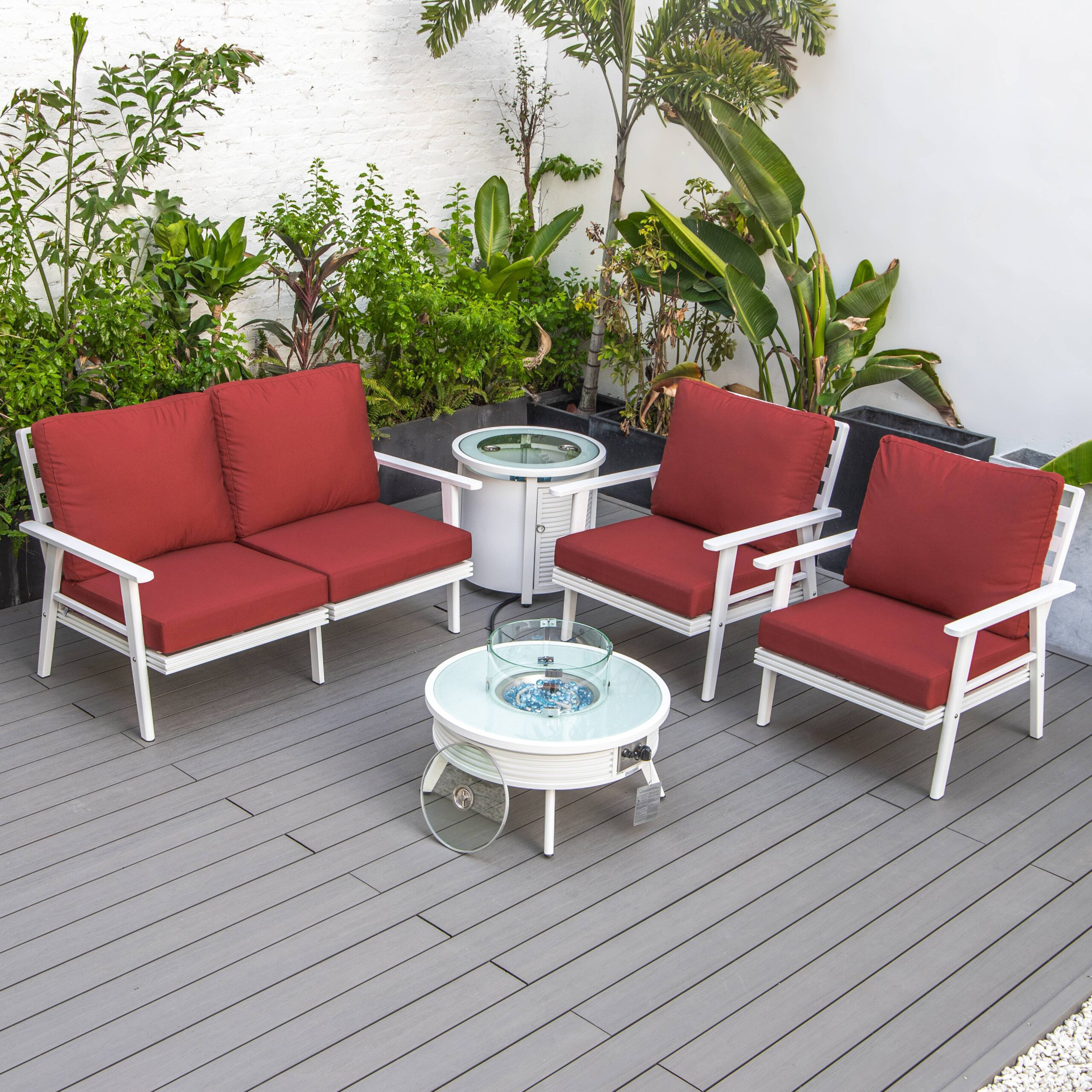 LeisureMod Walbrooke Modern White Patio Conversation With Round Fire Pit With Slats Design & Tank Holder - Red