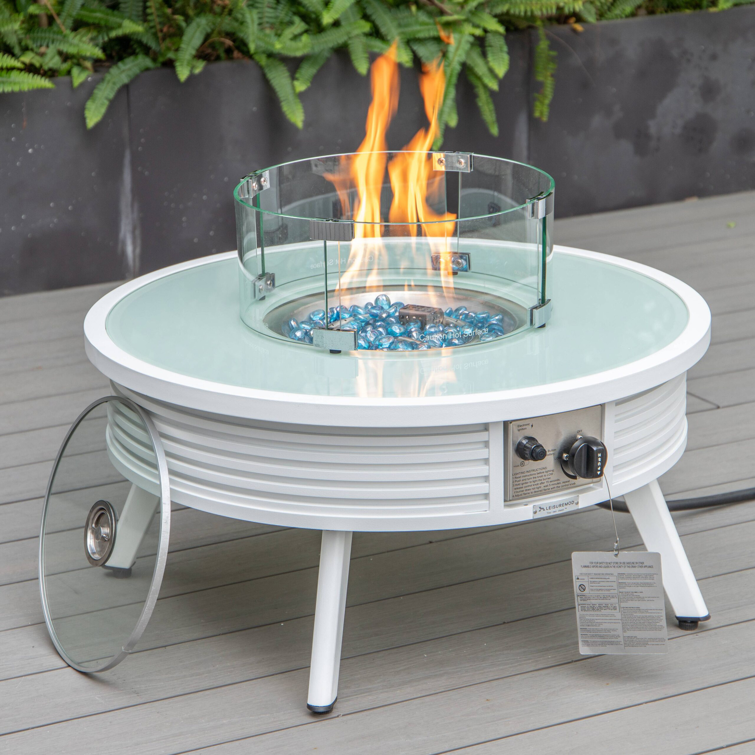 LeisureMod Walbrooke Outdoor Patio Round Fire Pit and Tank Holder with Slats Design - White