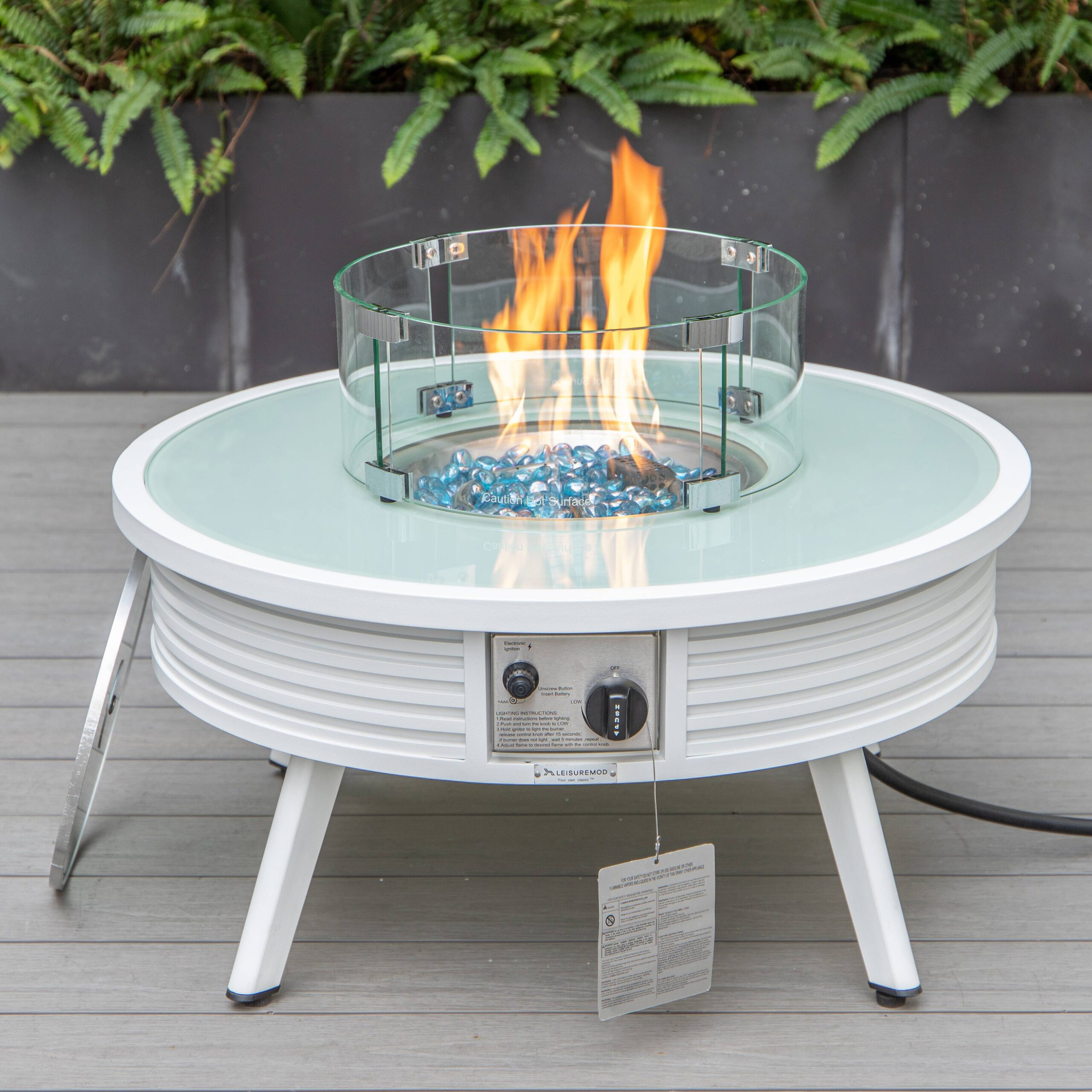 LeisureMod Walbrooke Modern Outdoor Round Fire Pit Table with Powder-Coated Aluminum Frame and Slats Design - White