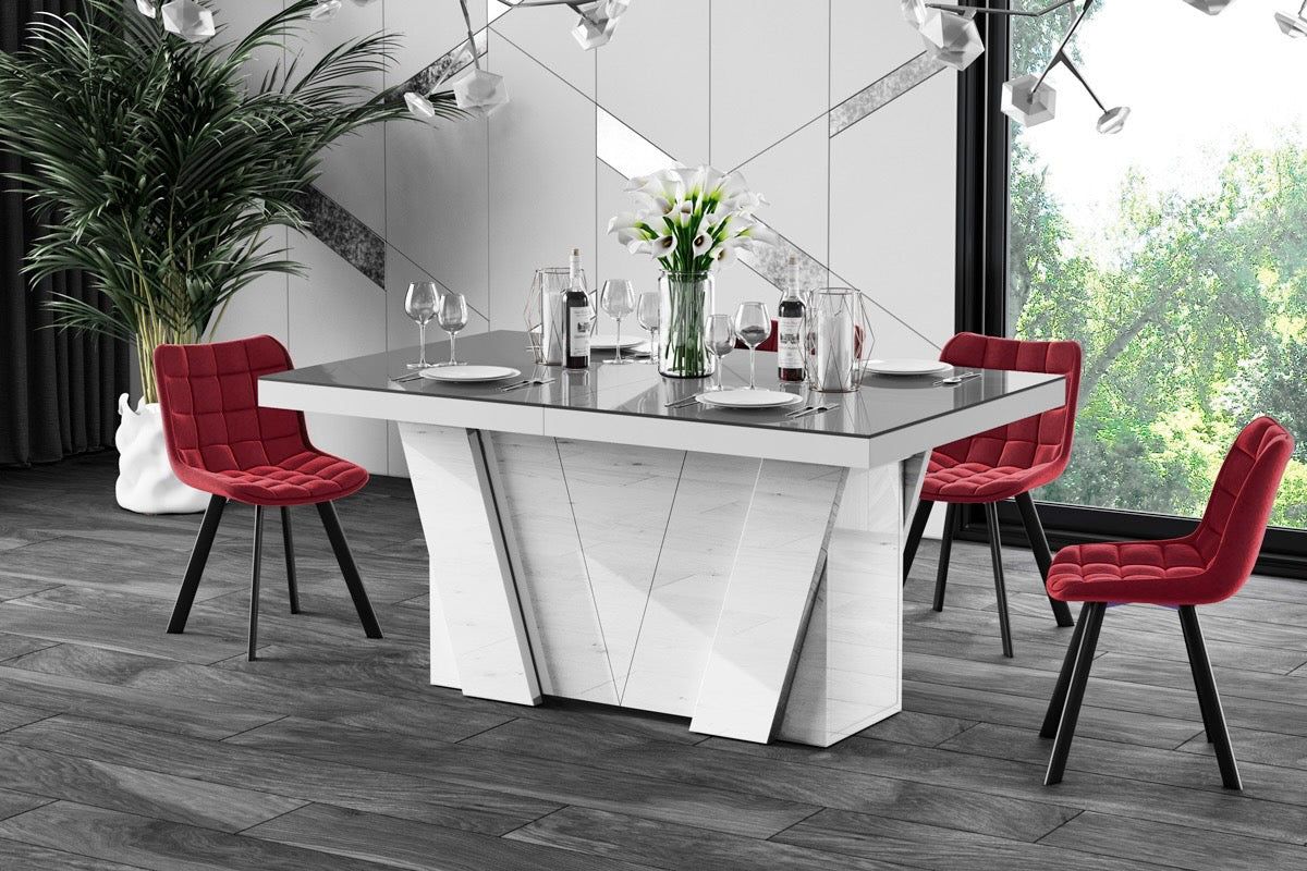 Maxima™ Aleta Dining Set with 4 Self-Storing Leaves Plus 10 Chairs - Gray/White/Red