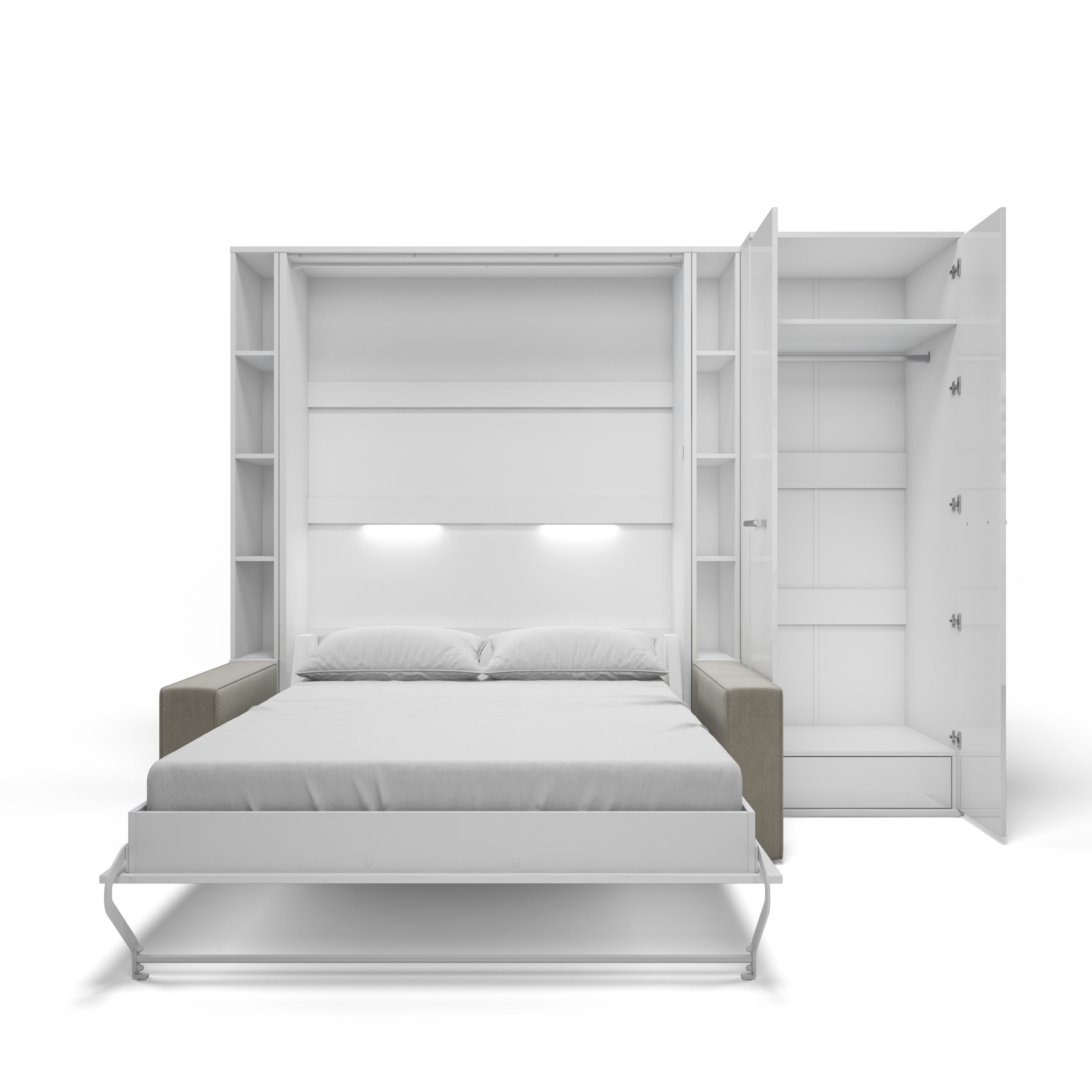 Maxima Inverto Murphy Vertical Bed with 2 Cabinets and Wardrobe - White/Beige, Full Size