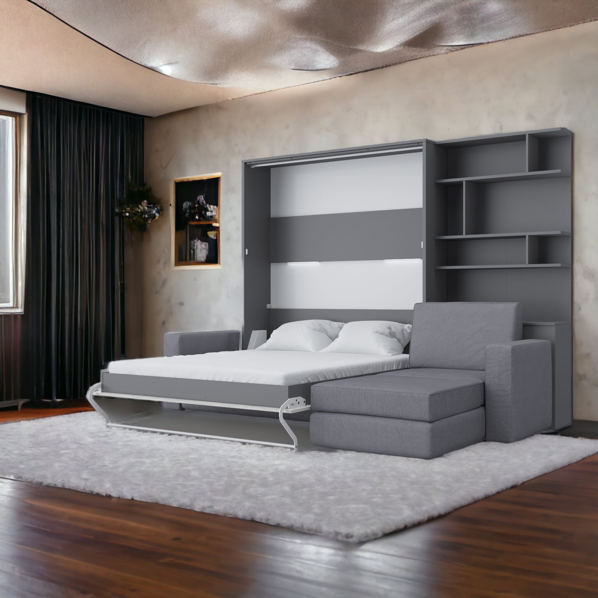 Maxima Inverto Murphy Bed with Sofa and Bookcase - Gray, Queen Size