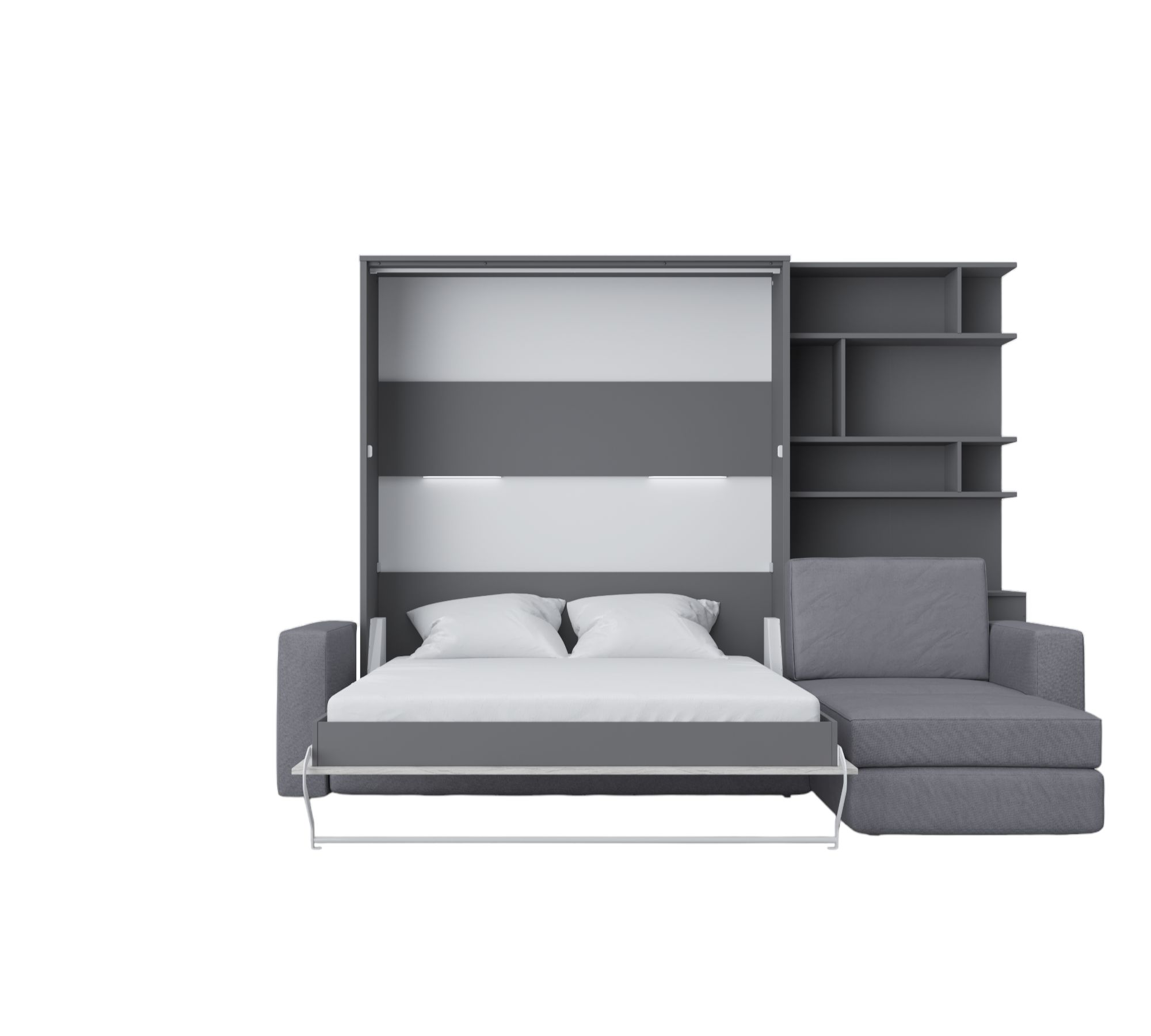 Maxima Inverto Murphy Bed with Sofa and Bookcase - Gray, Queen Size