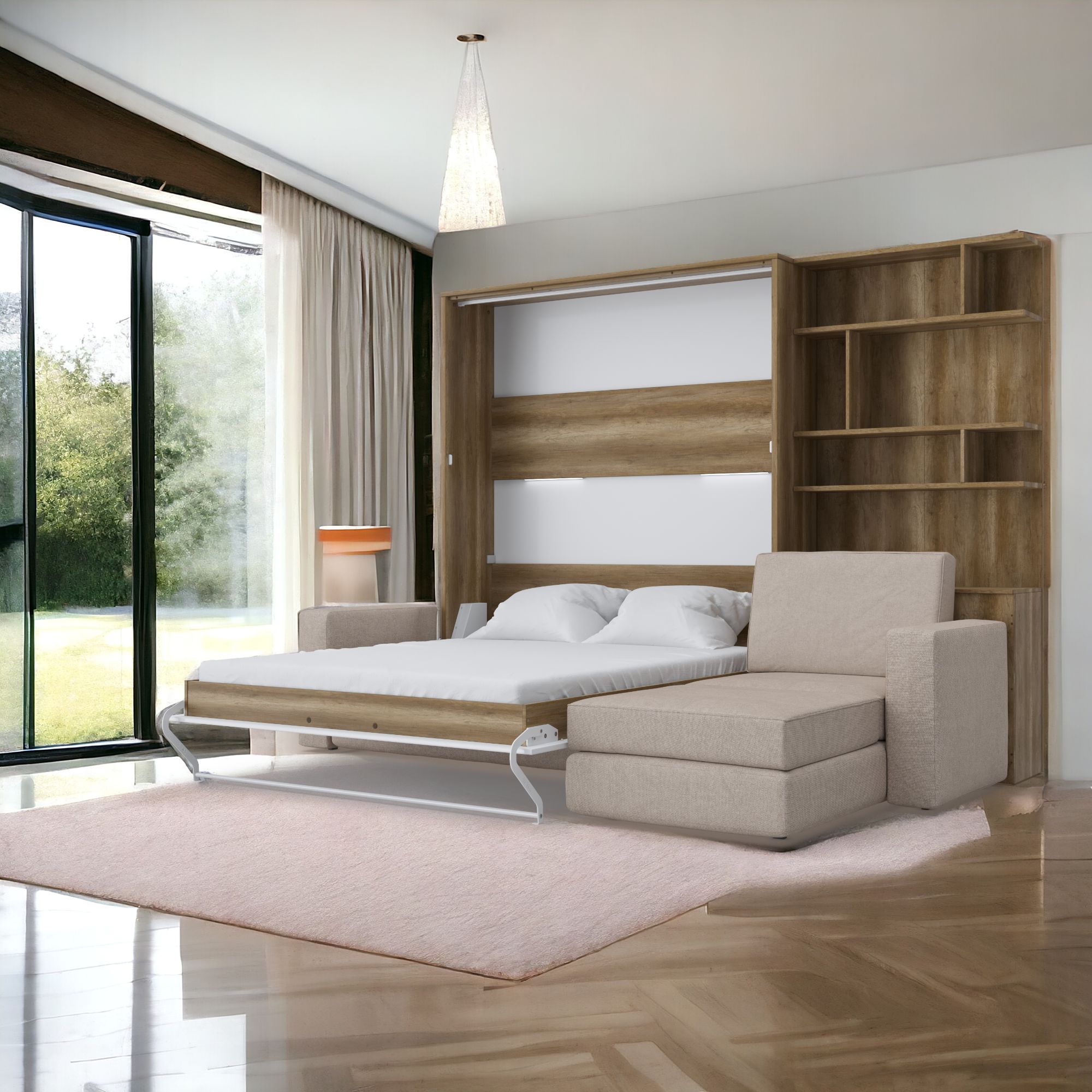 Maxima Inverto Murphy Bed with Sofa and Bookcase - Beige/Oak, Queen Size