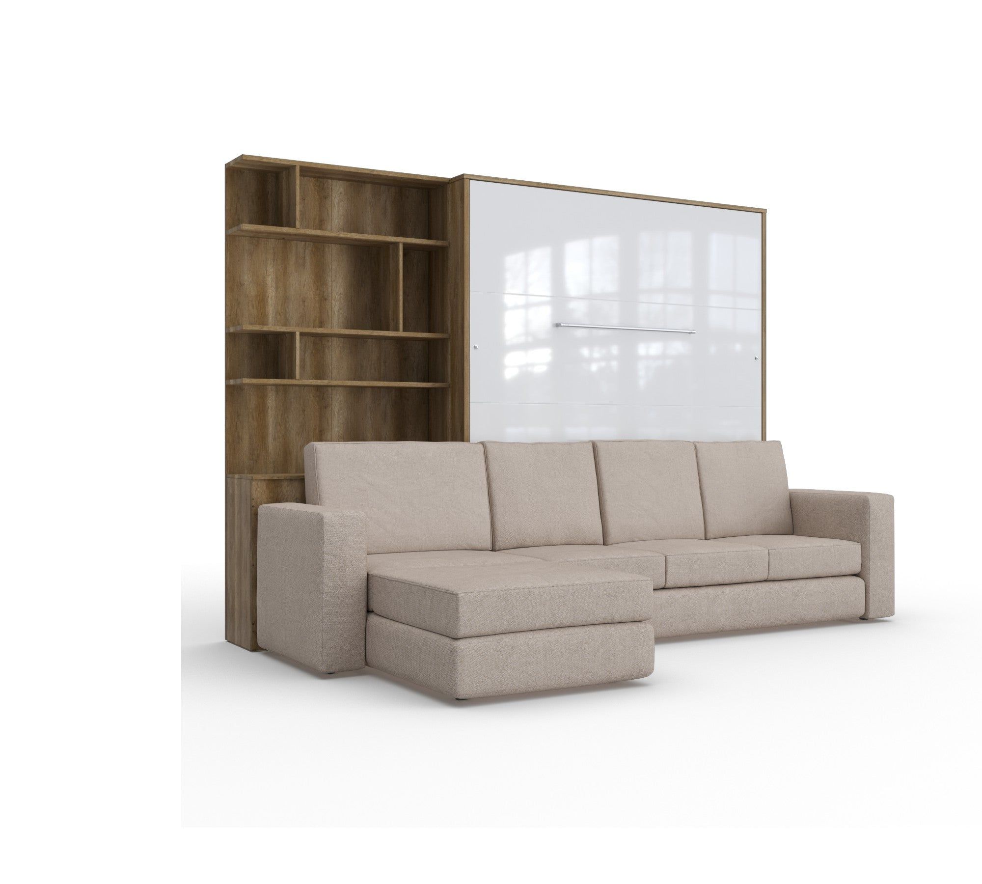 Maxima Inverto Murphy Bed with Sofa and Bookcase - Beige/Oak, Queen Size