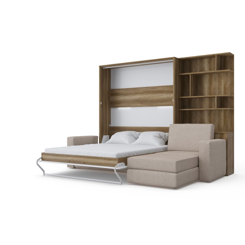 Maxima Inverto Murphy Bed with Sofa and Bookcase - Beige/Oak, Queen Size