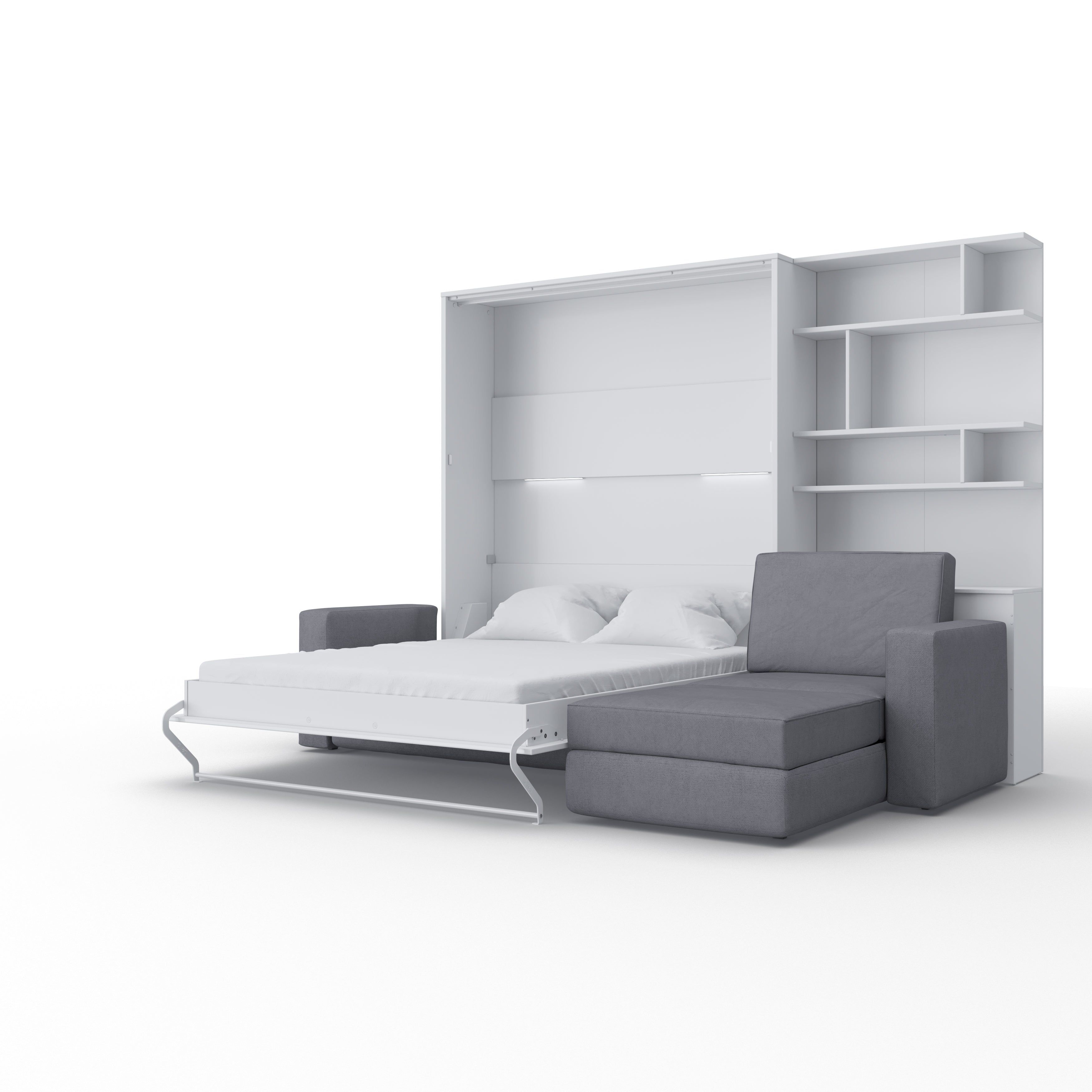 Maxima Inverto Murphy Bed with Sofa and Bookcase - Gray/White, Queen Size