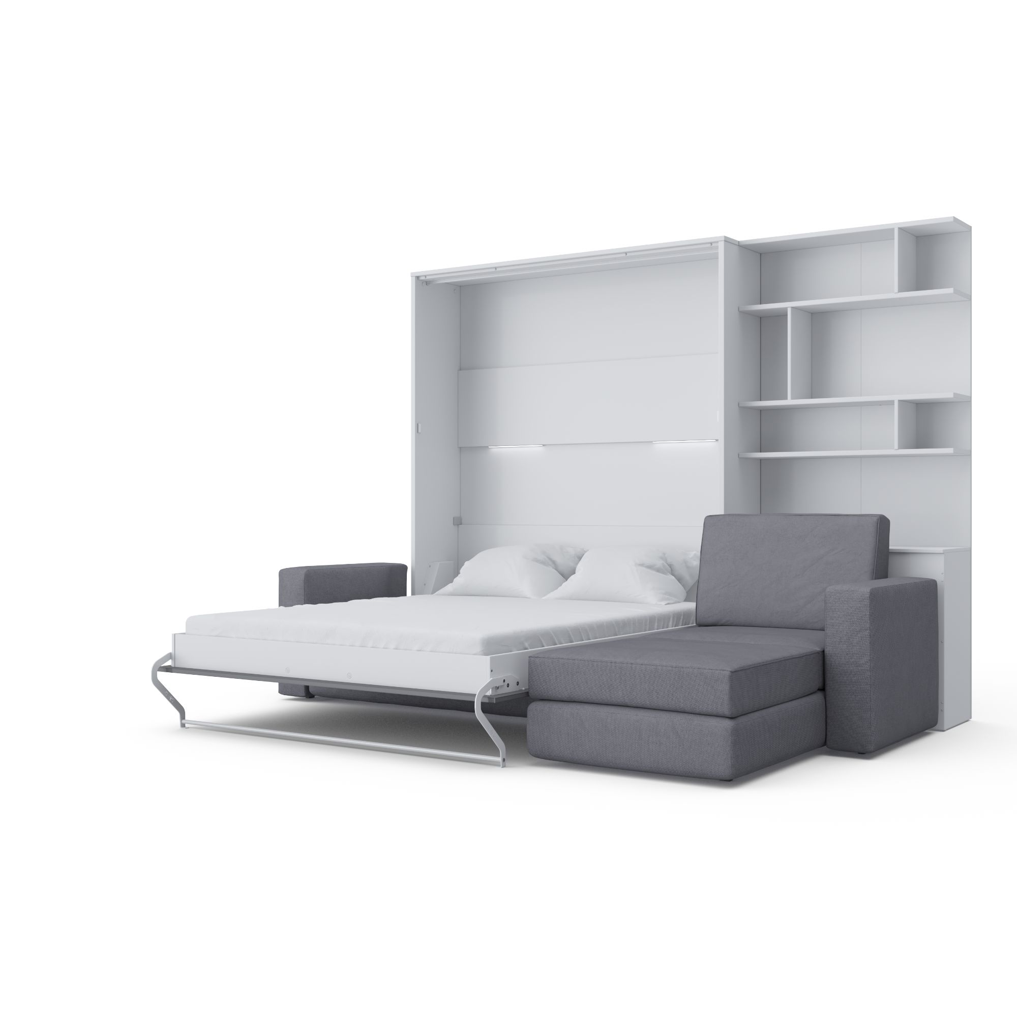 Maxima Inverto Murphy Bed with Sofa and Bookcase - Gray/White/Gray, Queen Size