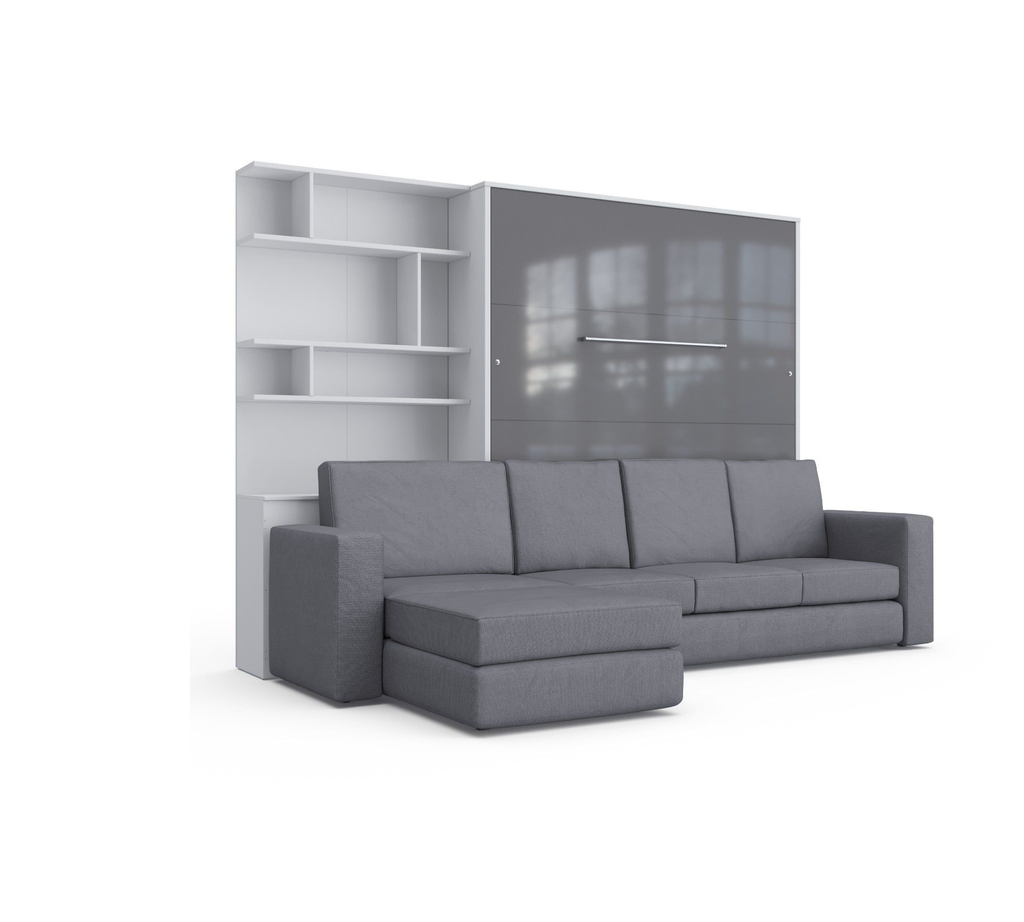 Maxima Inverto Murphy Bed with Sofa and Bookcase - Gray/White/Gray, Queen Size