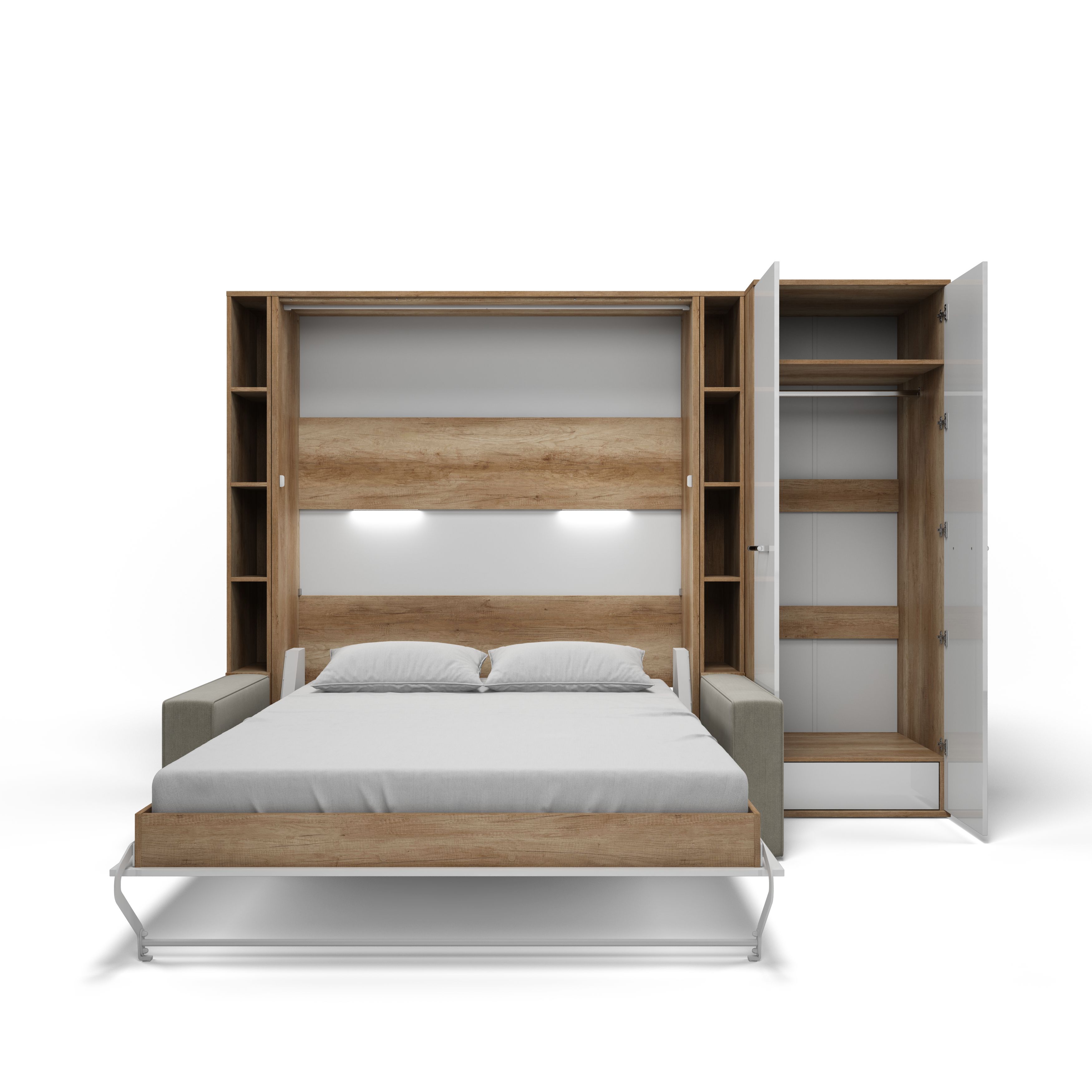 Maxima Inverto Murphy Vertical Bed with 2 Cabinets and Wardrobe - Oak Country/White/Beige, Queen Size