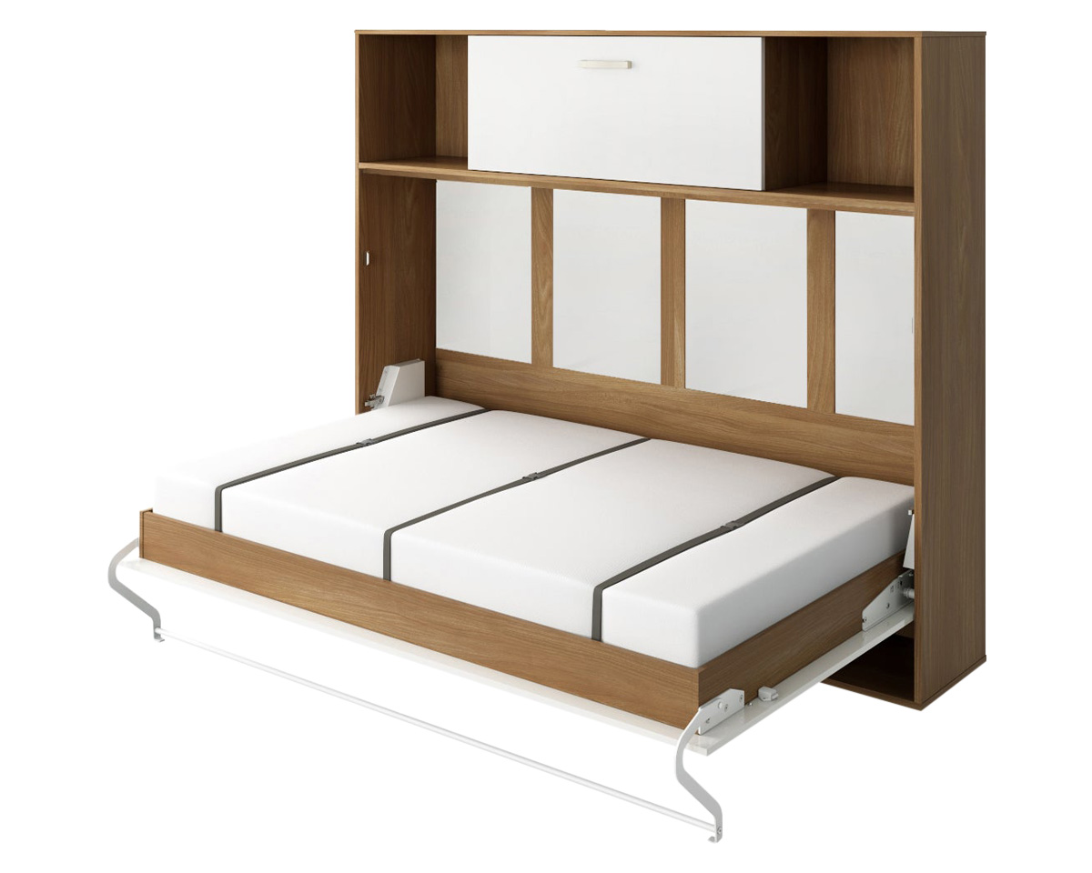 Maxima Inverto Murphy Horizontal Wall Bed with Cabinet on Top - Oak Country/White, Full XL Size