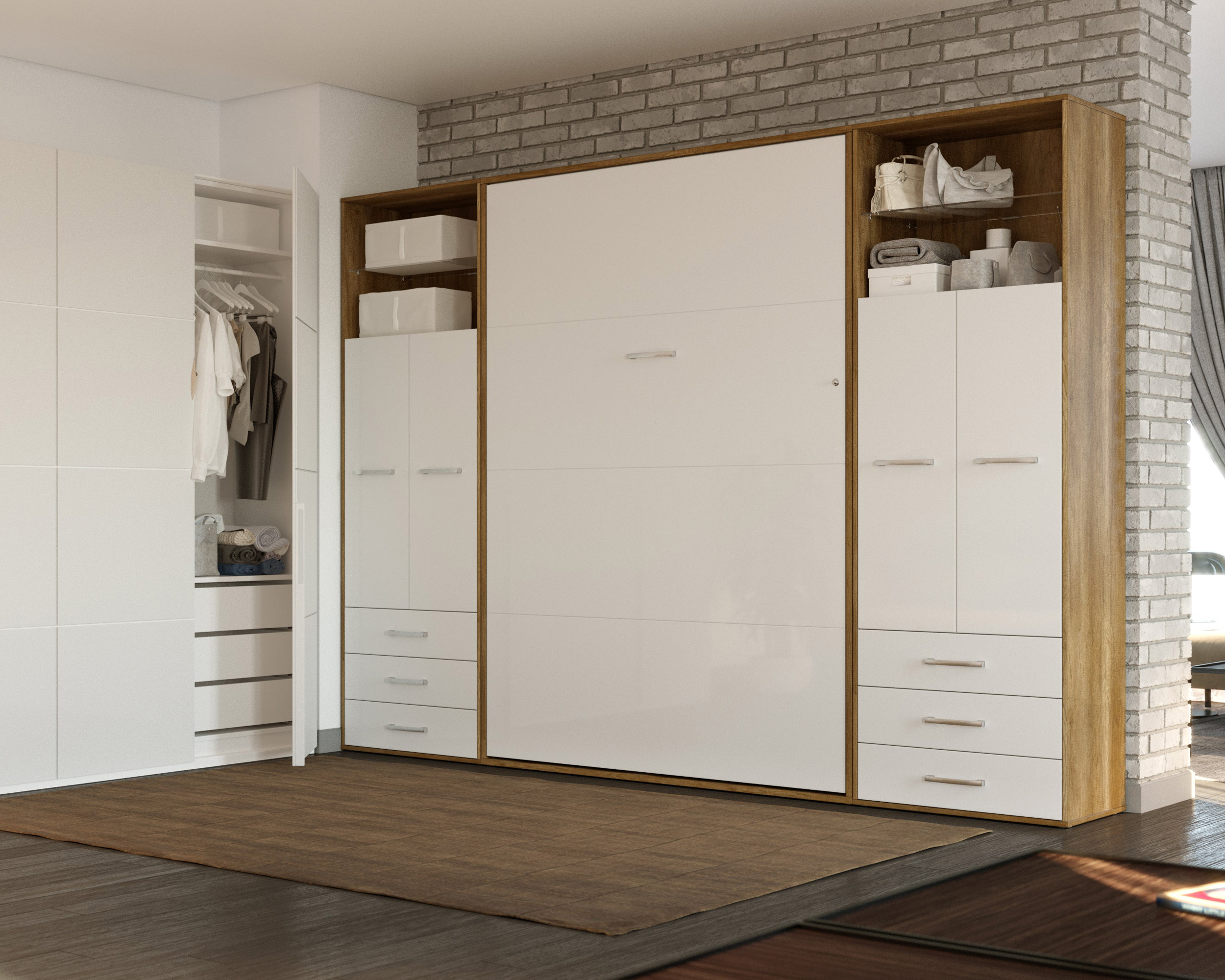 Maxima Inverto Murphy Vertical Wall Bed with 2 Cabinets - Oak Country/White, Twin Size