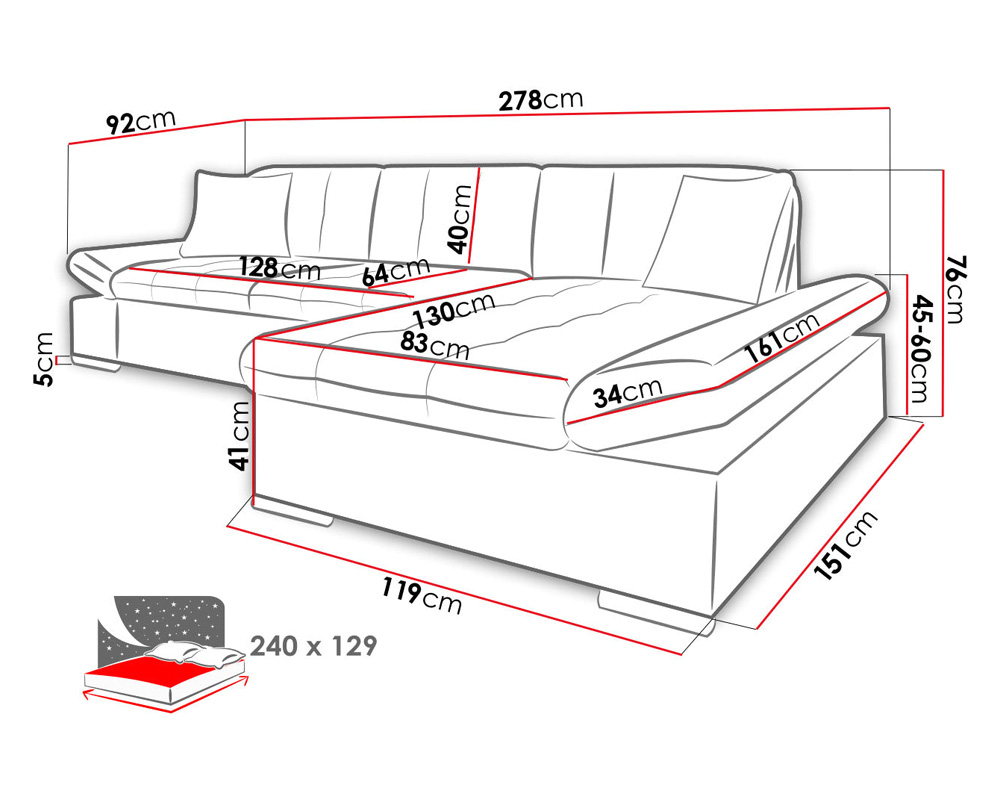 Maxima Felix Sectional Sleeper Sofa - Black, Right Corner