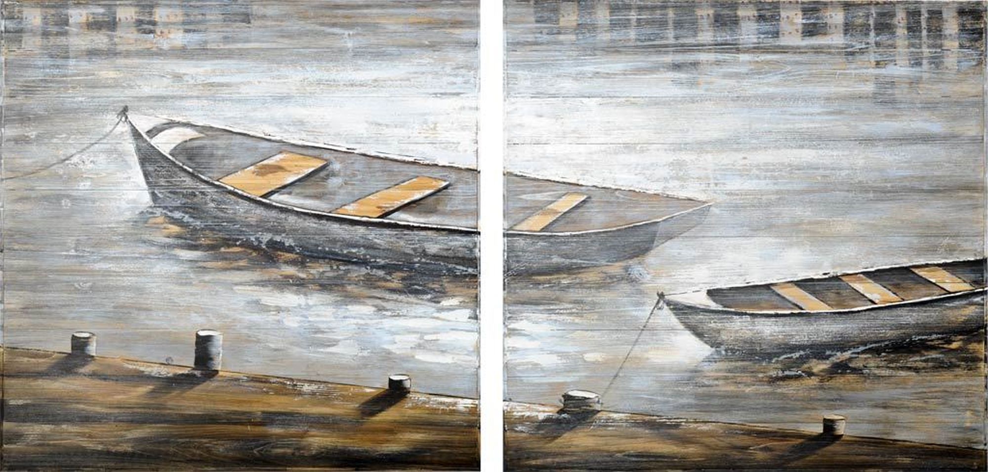 Mercana - Creekside Diptych 80x40 Boats Original Hand Painted on Wood Oil Painting