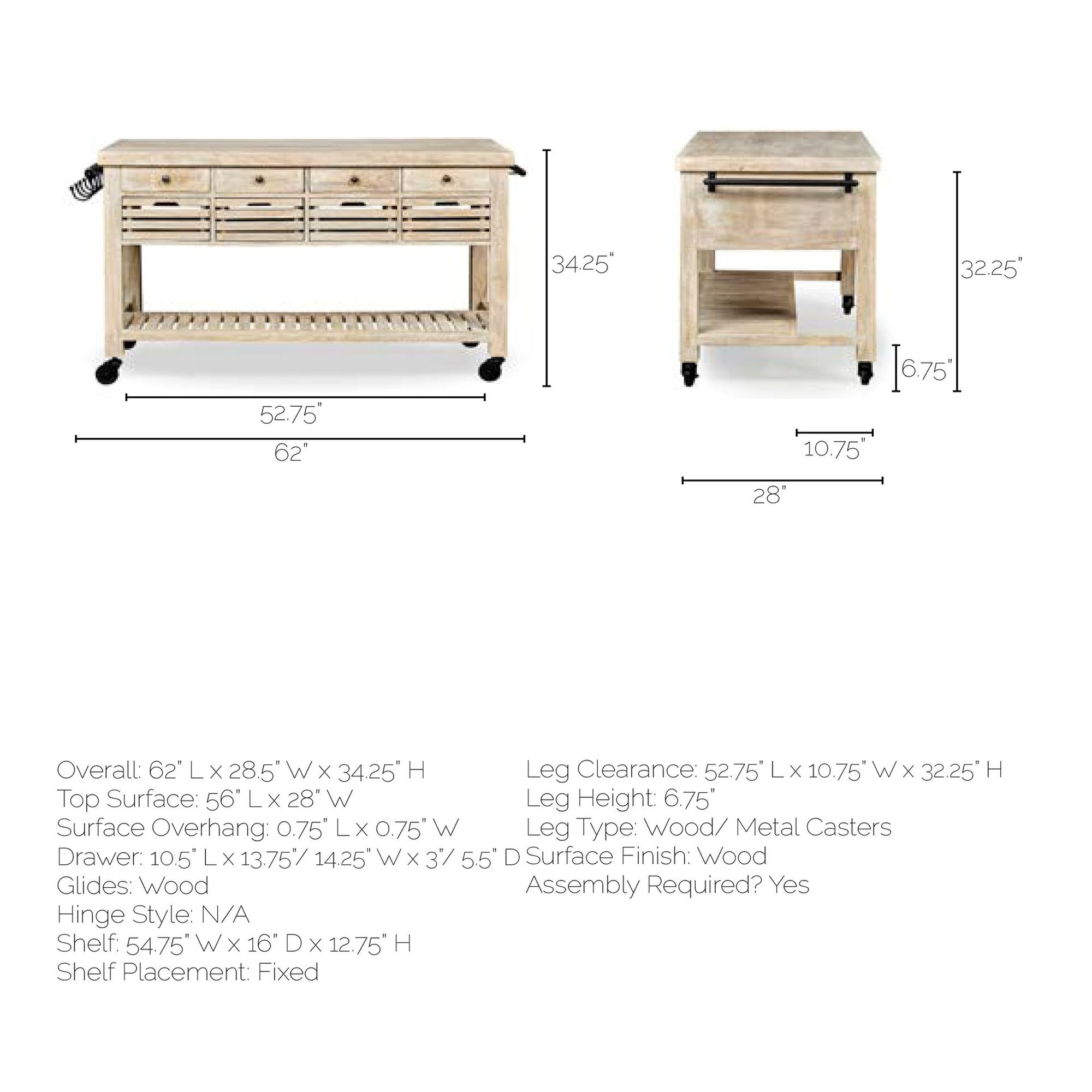 Mercana Columbia Rolling Kitchen Island with Black Iron Knobs - Light Brown