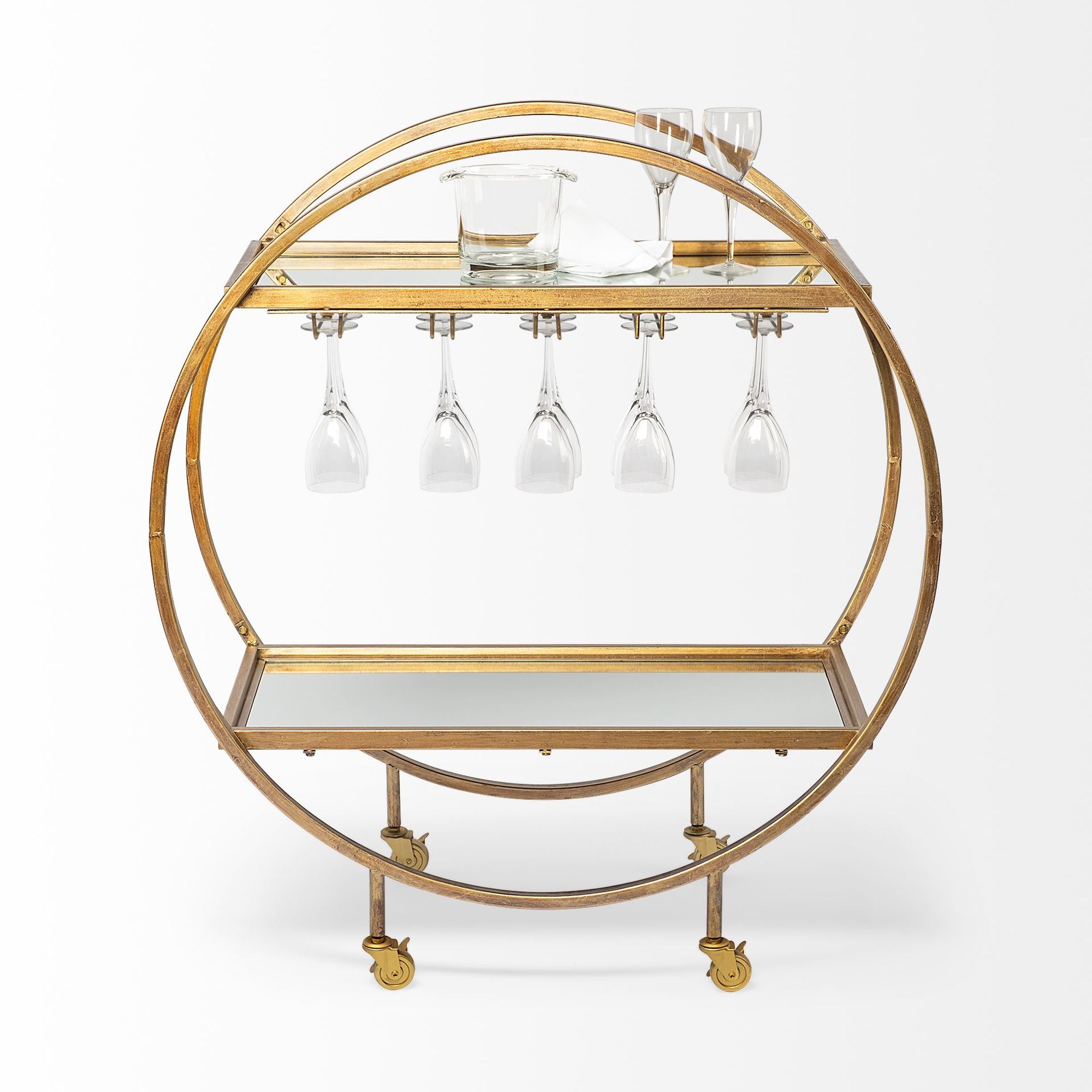 Mercana - Carola 2 Tier Bar Cart with Stemware Holder in Gold