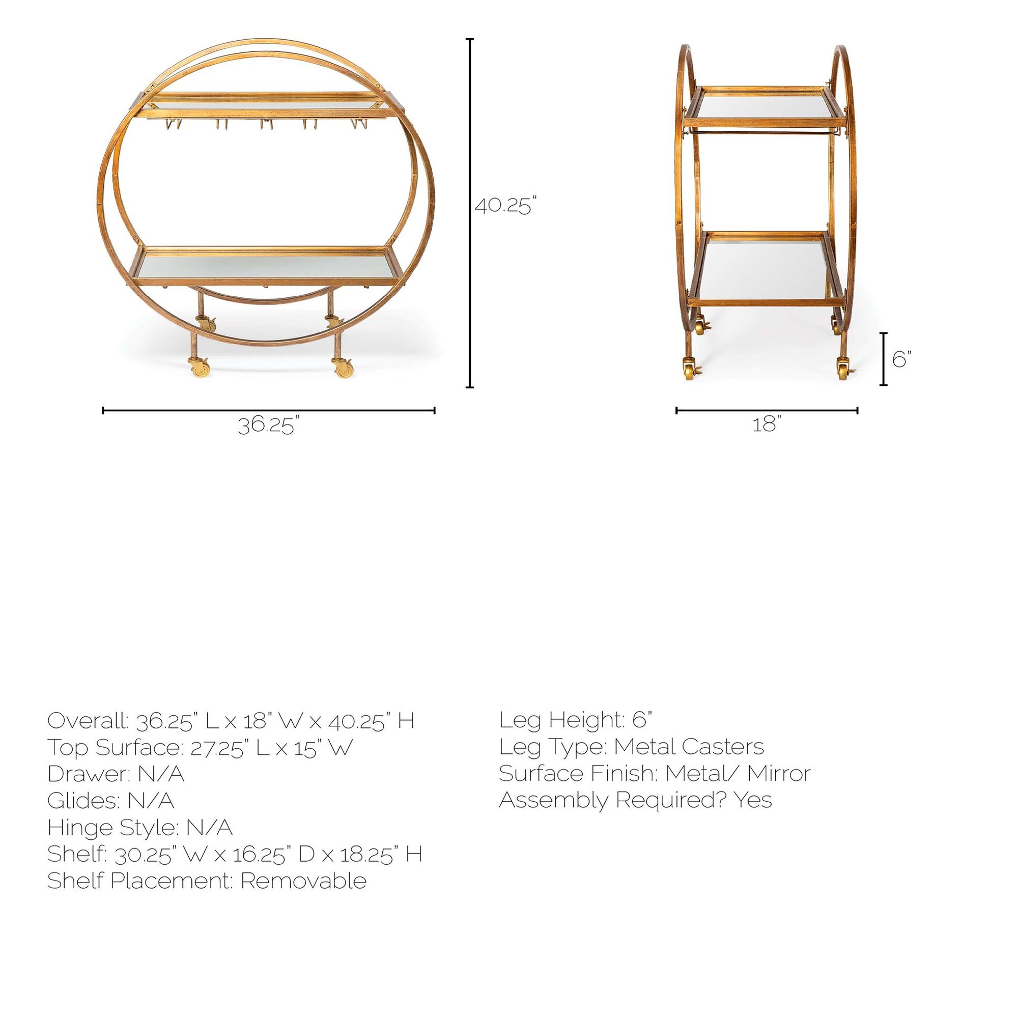 Mercana - Carola 2 Tier Bar Cart with Stemware Holder in Gold