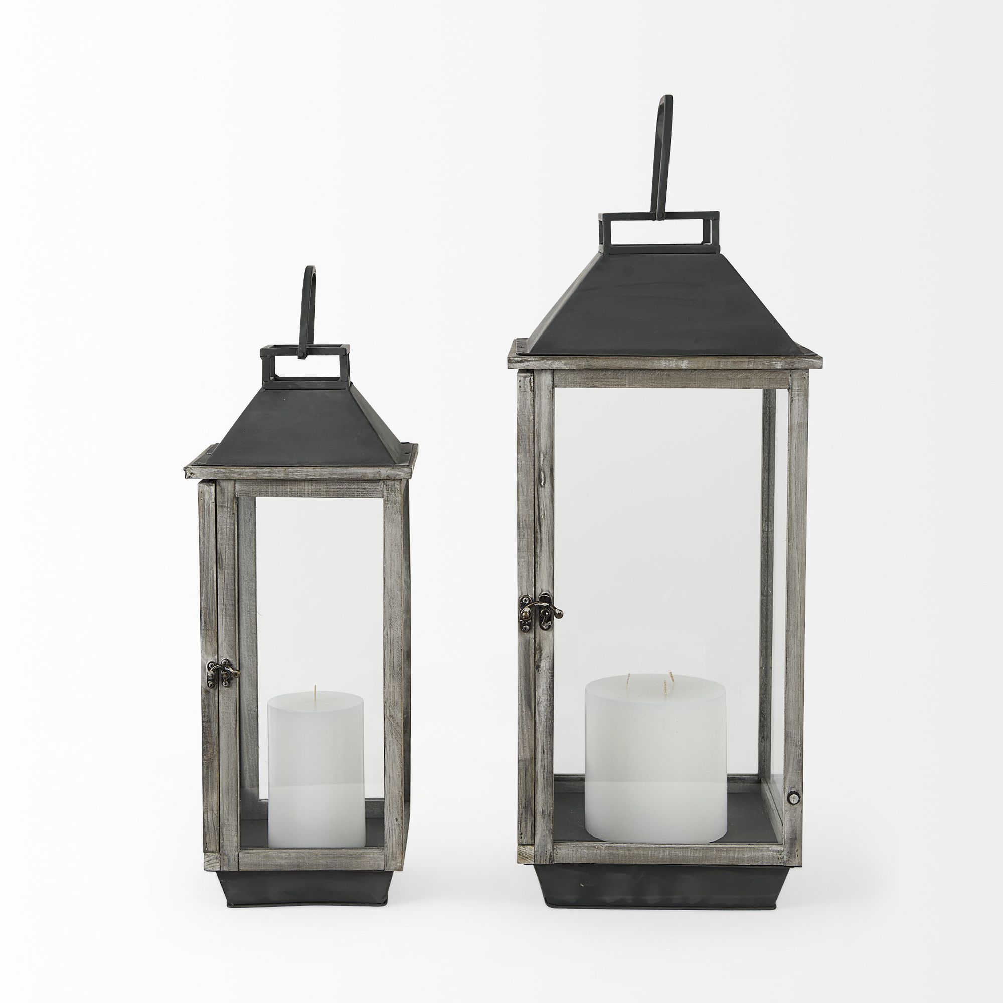 Mercana - Keyrock Brown Wood Metal Candle Holder Lanterns (Set of 2)