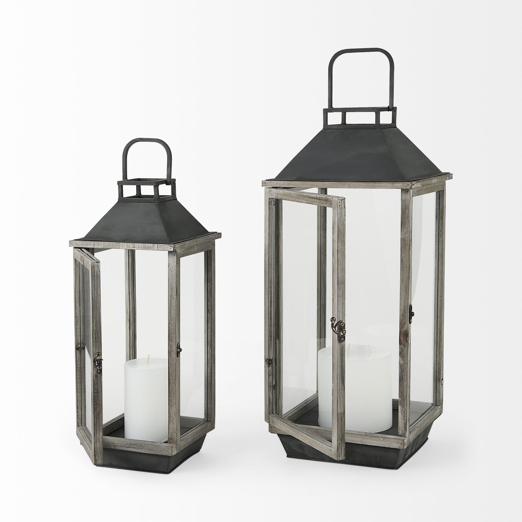 Mercana - Keyrock Brown Wood Metal Candle Holder Lanterns (Set of 2)