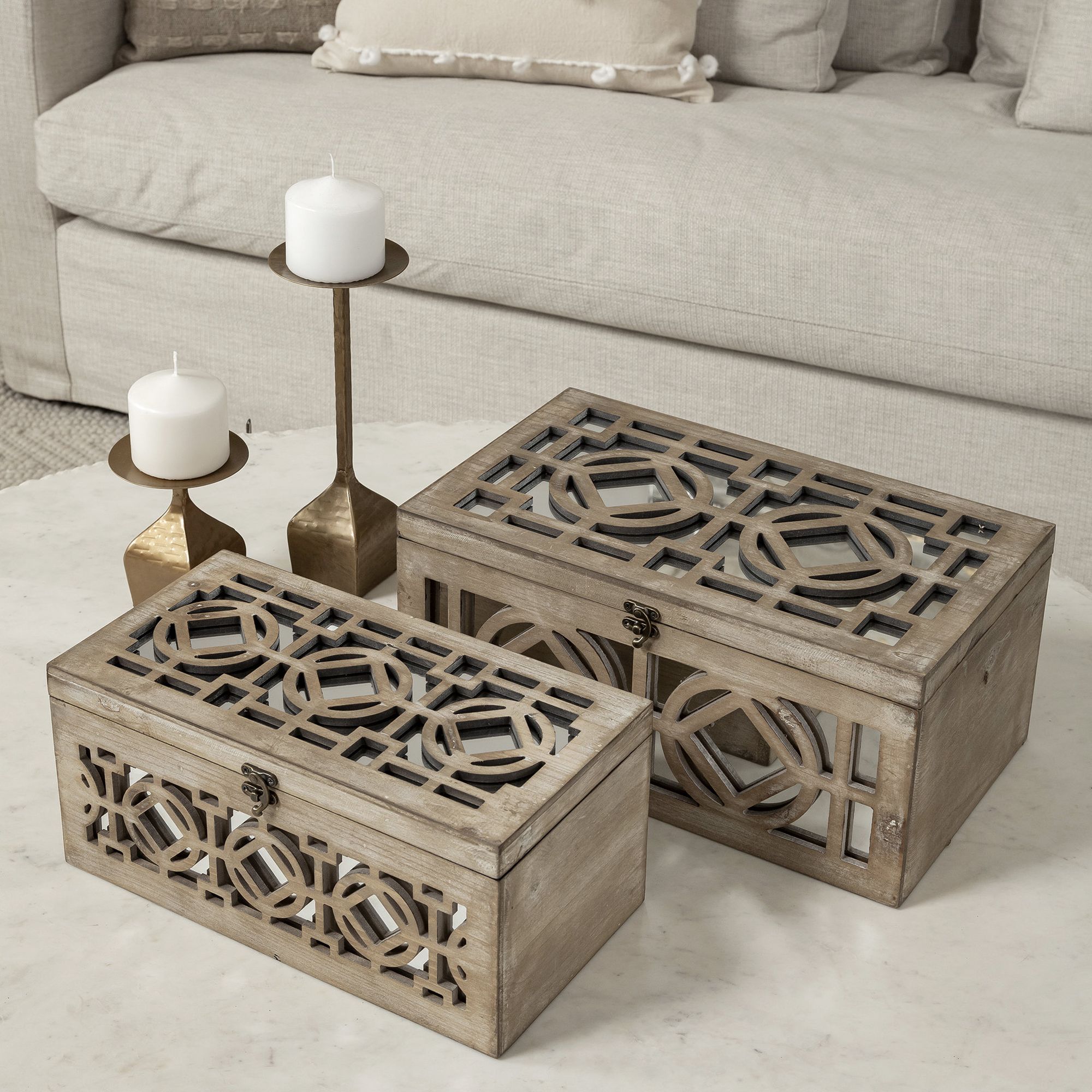 Mercana - Estooki Natural Wood Mirrored Boxes (Set of 2)