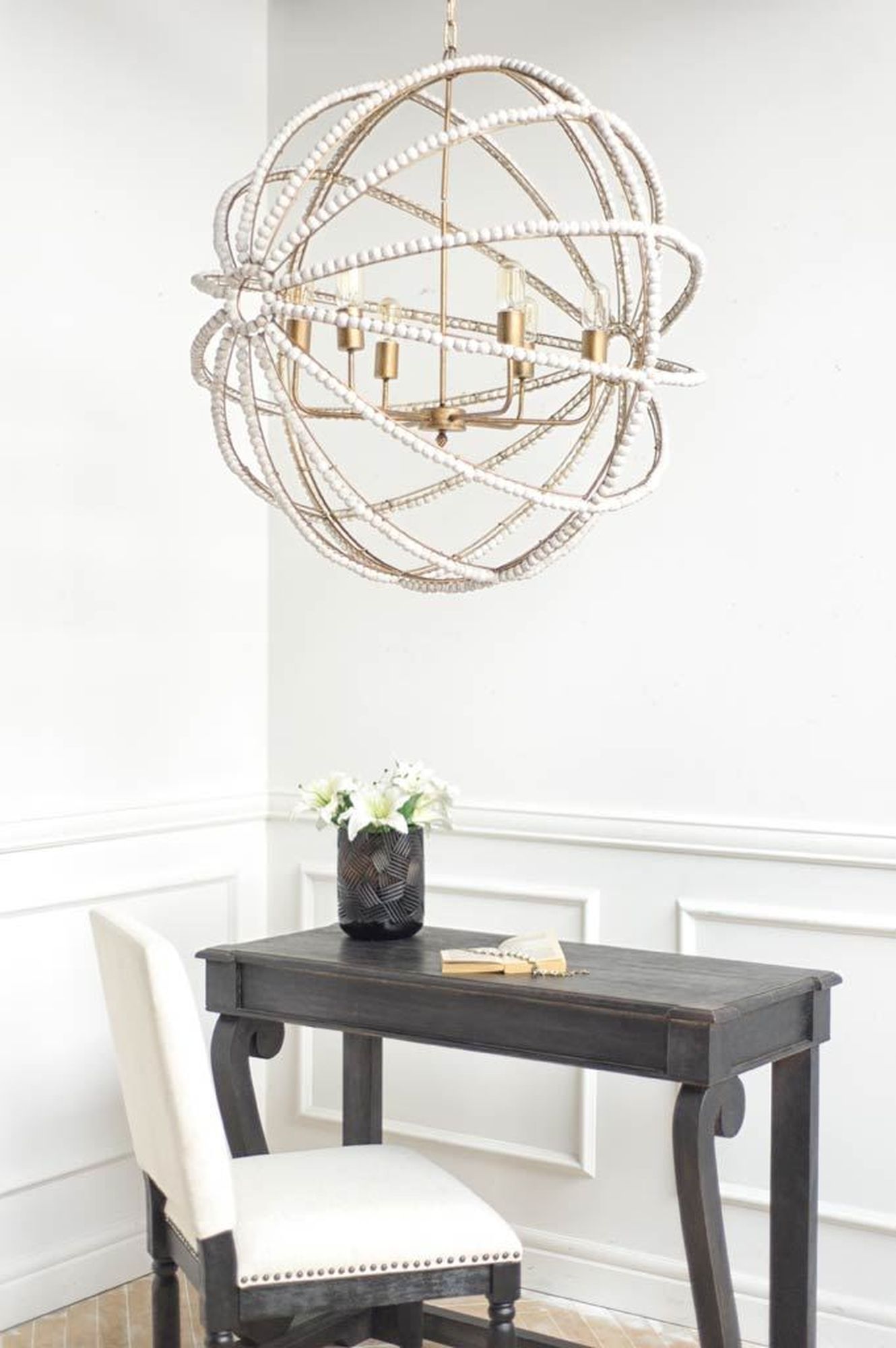 Mercana - Ava White Gold Metal and White Wood Beaded Six Bulb Chandelier