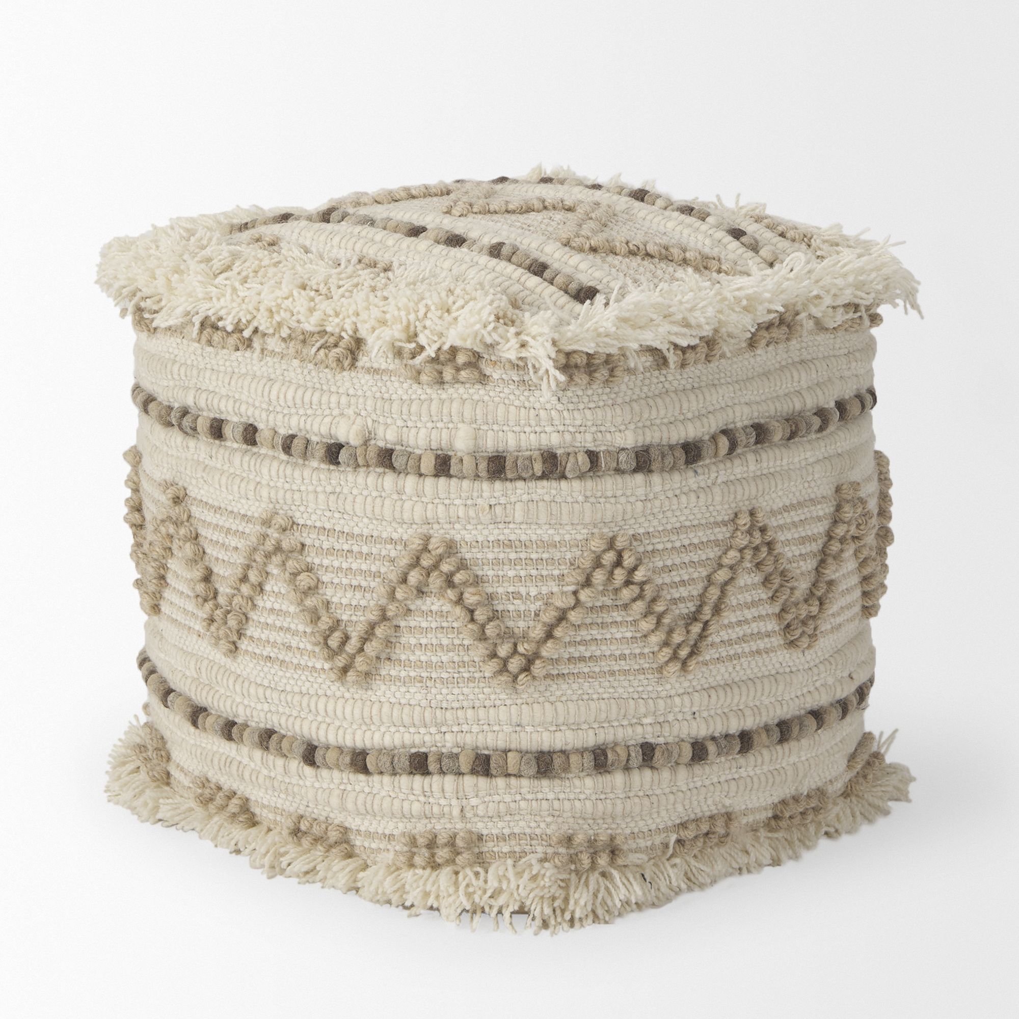 Mercana - Caela Beige/Brown Wool, Cotton and Felt Popcorn Stitch Square Pouf