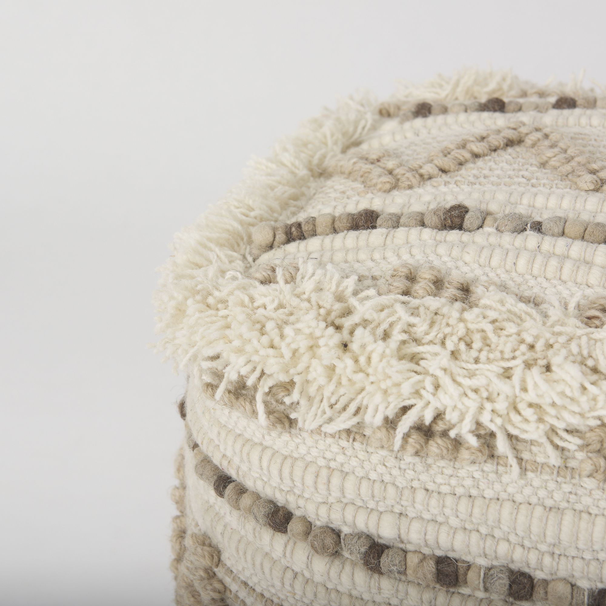 Mercana - Caela Beige/Brown Wool, Cotton and Felt Popcorn Stitch Square Pouf