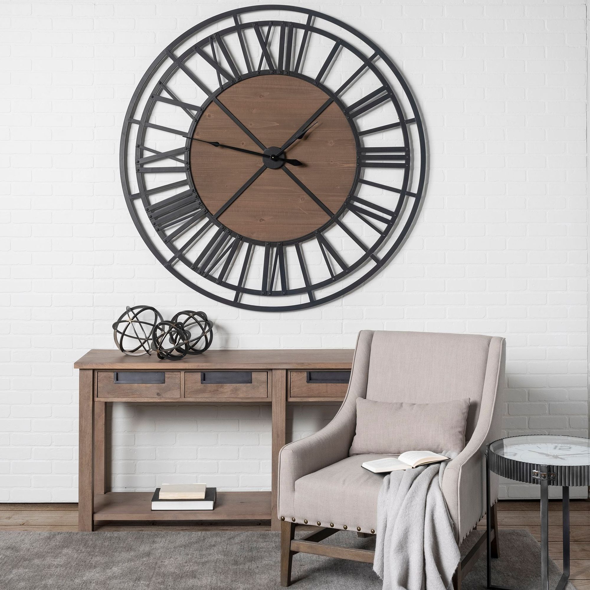 Mercana Lewiston 59" Round Industrial Wall Clock - Black/Brown