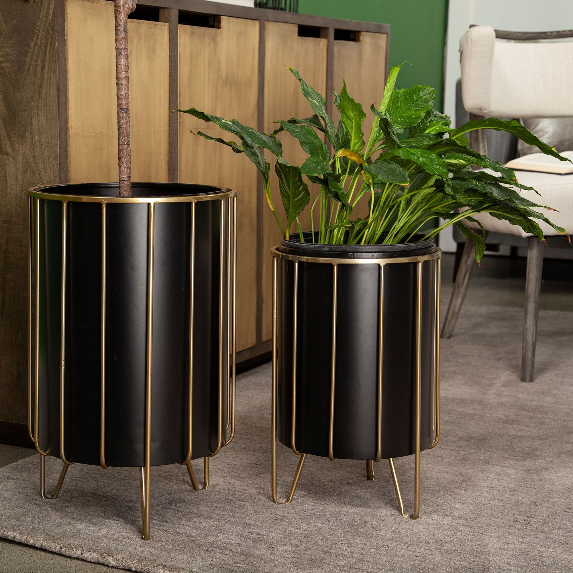 Mercana - Pianta 13 x 21 Black Metal Insert Brass Frame Plant Stands (Set of 2)