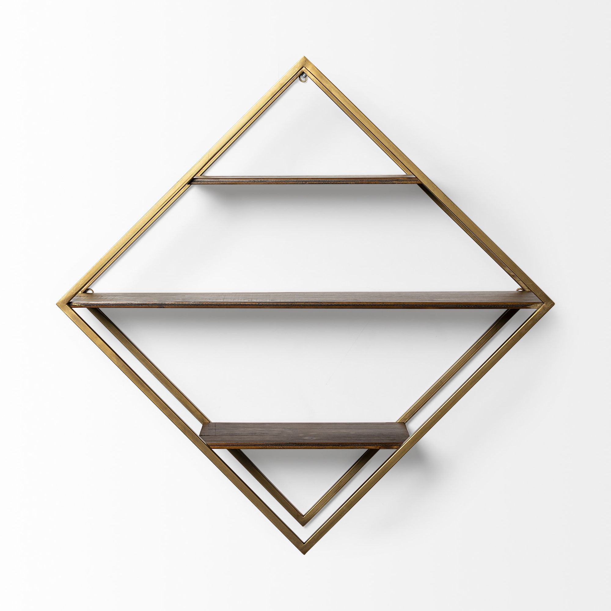 Mercana - Neil I Diamond Shape Wall Mounted Brass Frame w Three Wood Wall Shelves