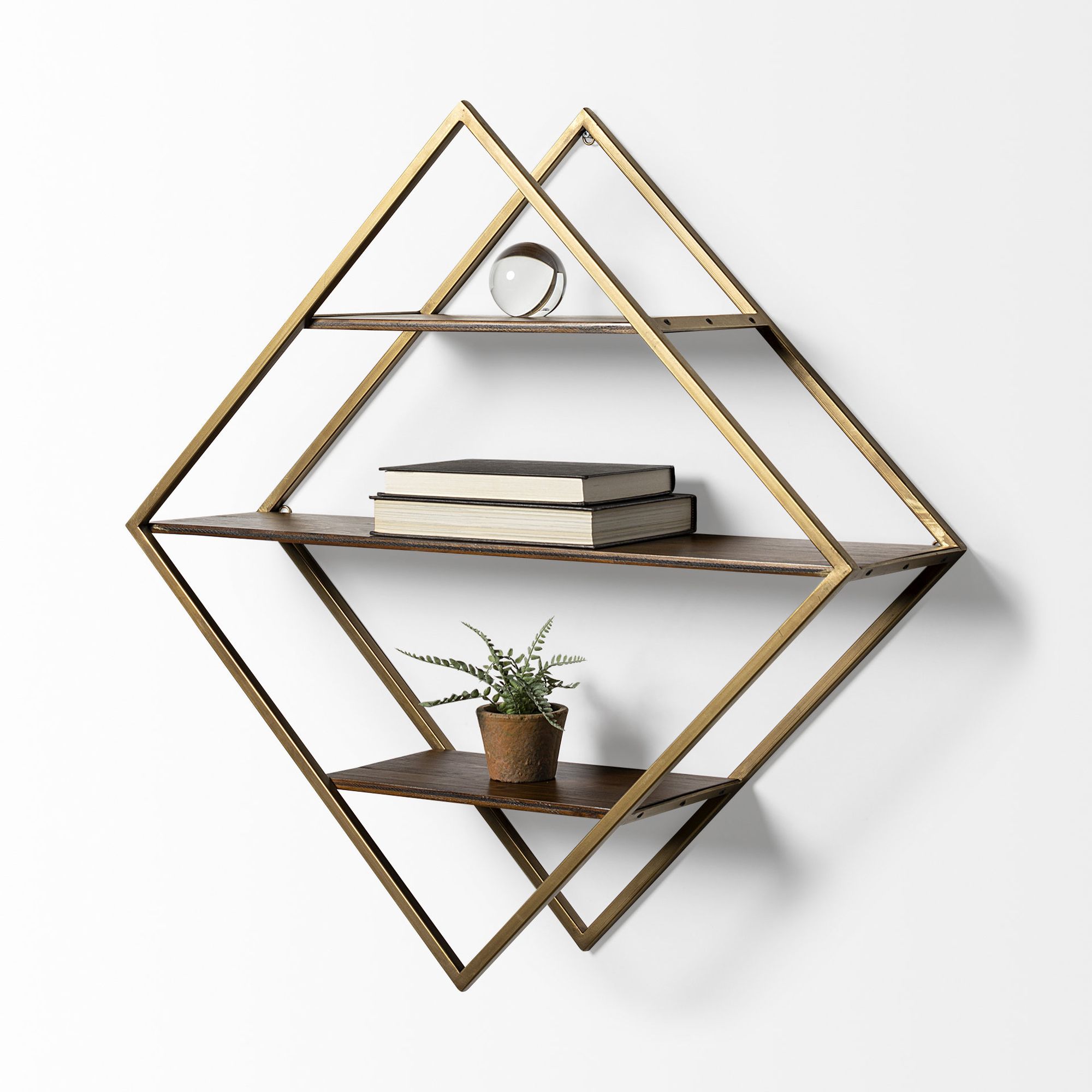 Mercana - Neil I Diamond Shape Wall Mounted Brass Frame w Three Wood Wall Shelves