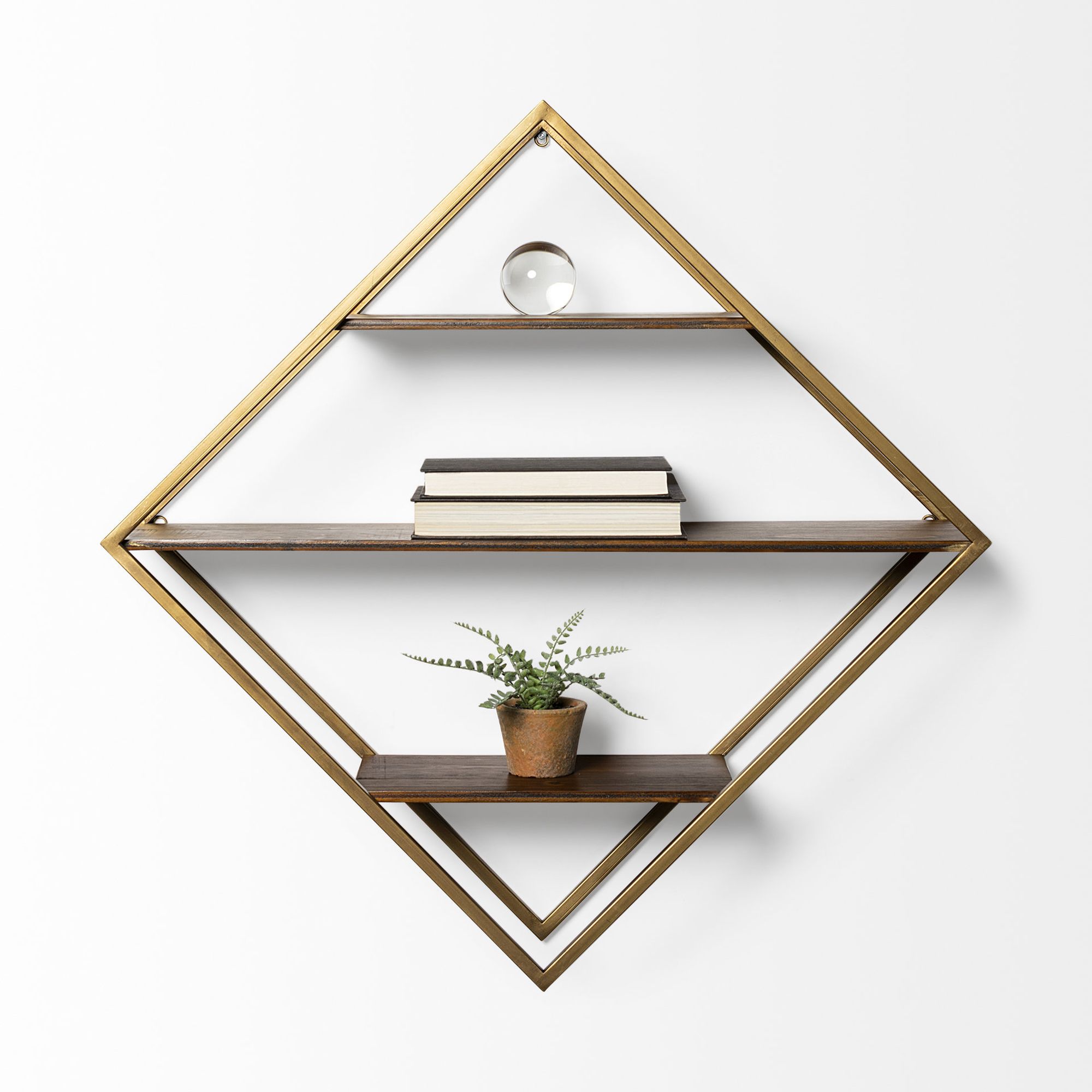 Mercana - Neil I Diamond Shape Wall Mounted Brass Frame w Three Wood Wall Shelves